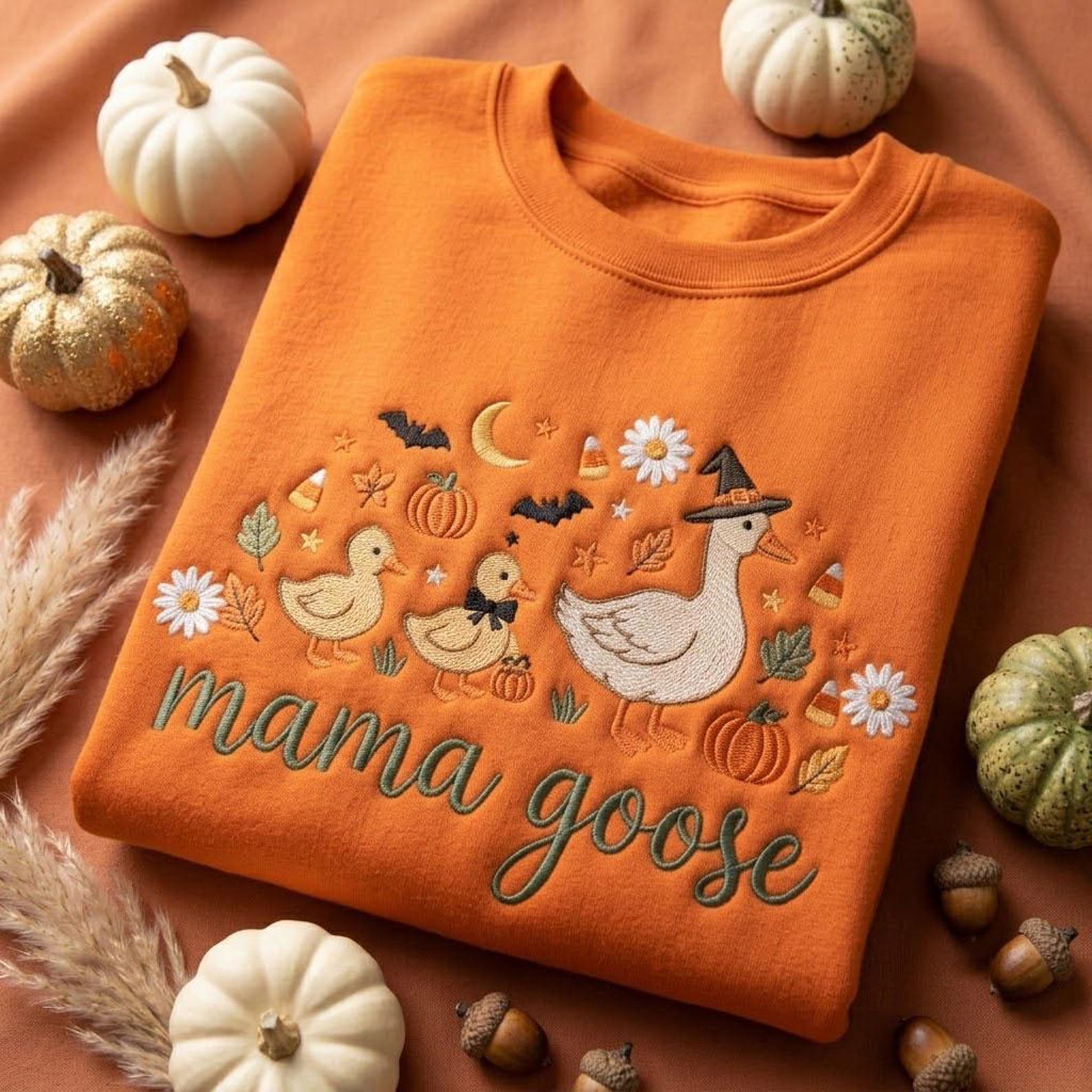 Embroidered Mama Goose Sweatshirt, Witch Goose Halloween Crewneck, Cute Ducklings Pumpkin Patch Fall Autumn Mama Shirt 3