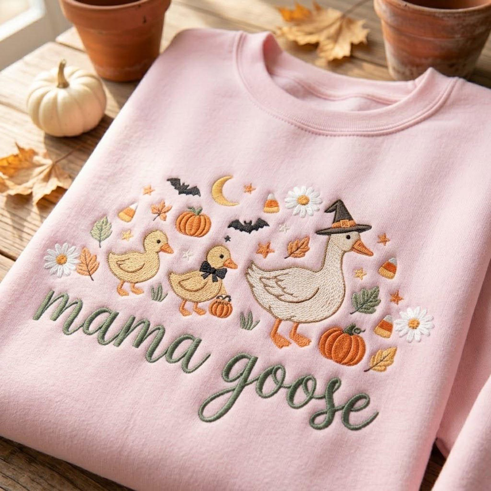 Embroidered Mama Goose Sweatshirt, Witch Goose Halloween Crewneck, Cute Ducklings Pumpkin Patch Fall Autumn Mama Shirt 1
