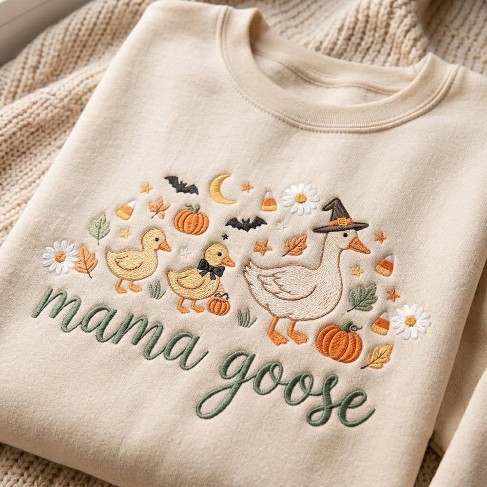 Embroidered Mama Goose Sweatshirt, Witch Goose Halloween Crewneck, Cute Ducklings Pumpkin Patch Fall Autumn Mama Shirt 4