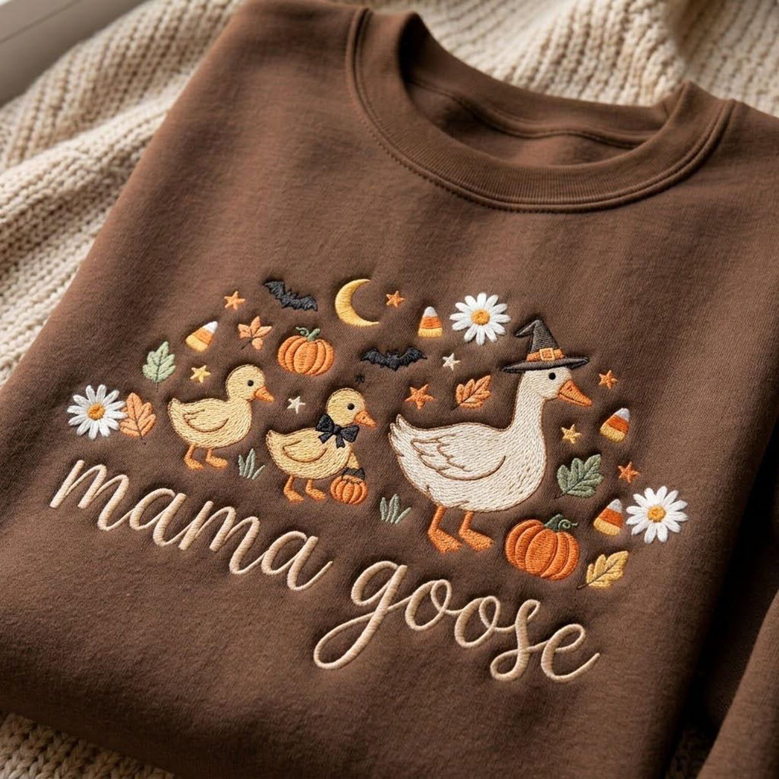Embroidered Mama Goose Sweatshirt, Witch Goose Halloween Crewneck, Cute Ducklings Pumpkin Patch Fall Autumn Mama Shirt 5