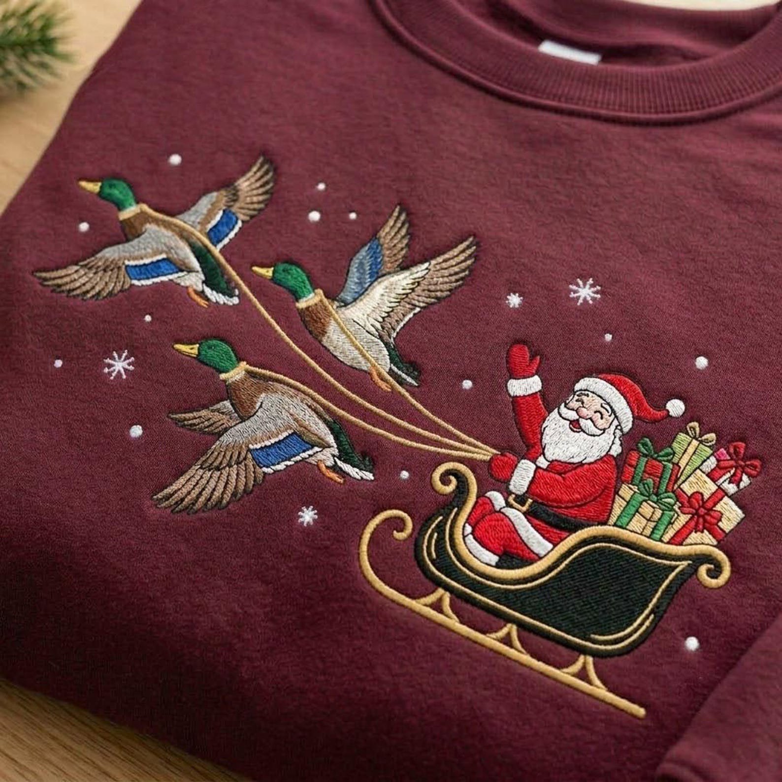 Santa Duck Sleigh Embroidered Sweatshirt, Mallard Duck Christmas Crewneck, Funny Waterfowl Holiday Shirt, Outdoorsman Xmas Gift 3