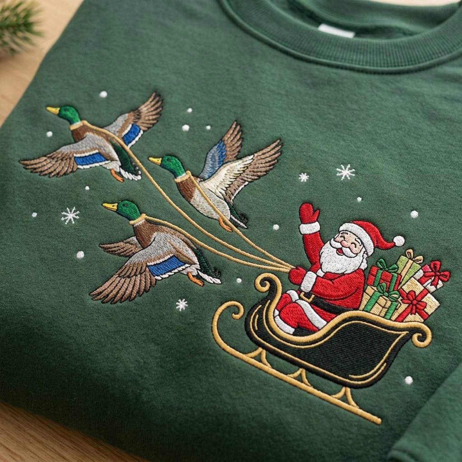 Santa Duck Sleigh Embroidered Sweatshirt, Mallard Duck Christmas Crewneck, Funny Waterfowl Holiday Shirt, Outdoorsman Xmas Gift 1