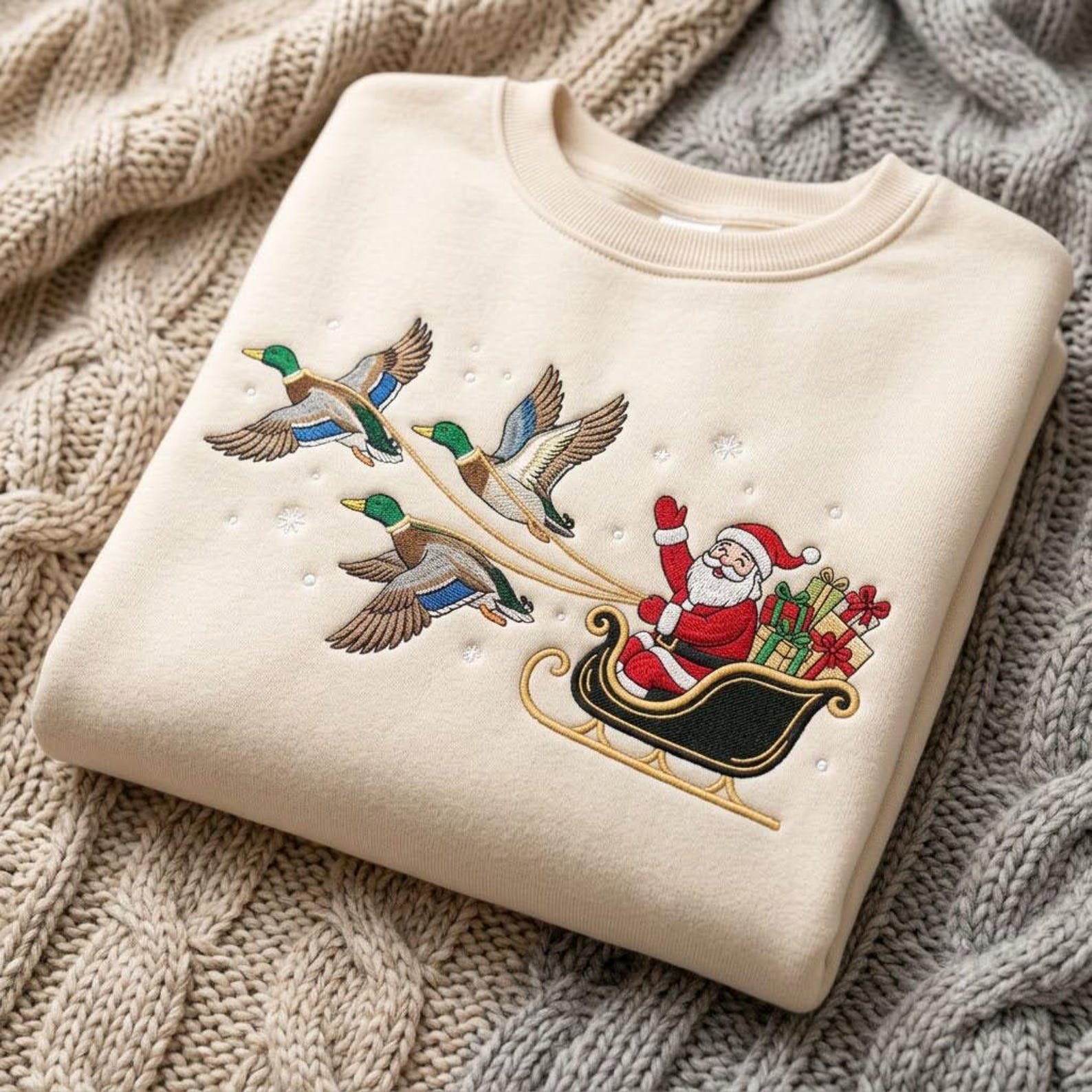 Santa Duck Sleigh Embroidered Sweatshirt, Mallard Duck Christmas Crewneck, Funny Waterfowl Holiday Shirt, Outdoorsman Xmas Gift 2