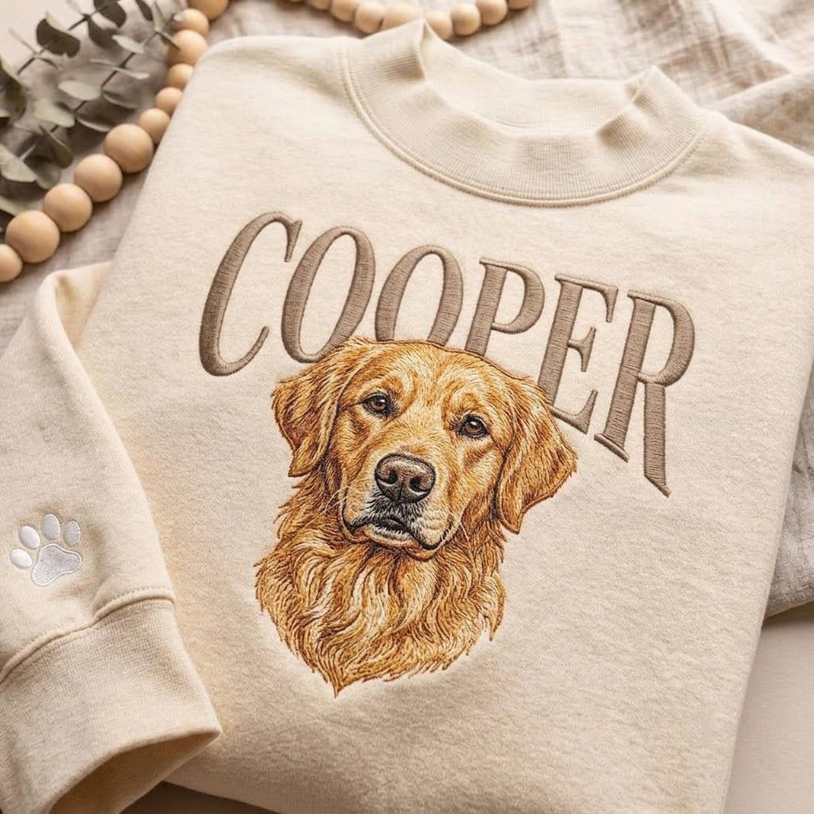 Custom Dog Portrait Embroidered Sweatshirt, Personalized Pet Name Crewneck, Golden Retriever Memorial Shirt, Dog Lover Gift 1