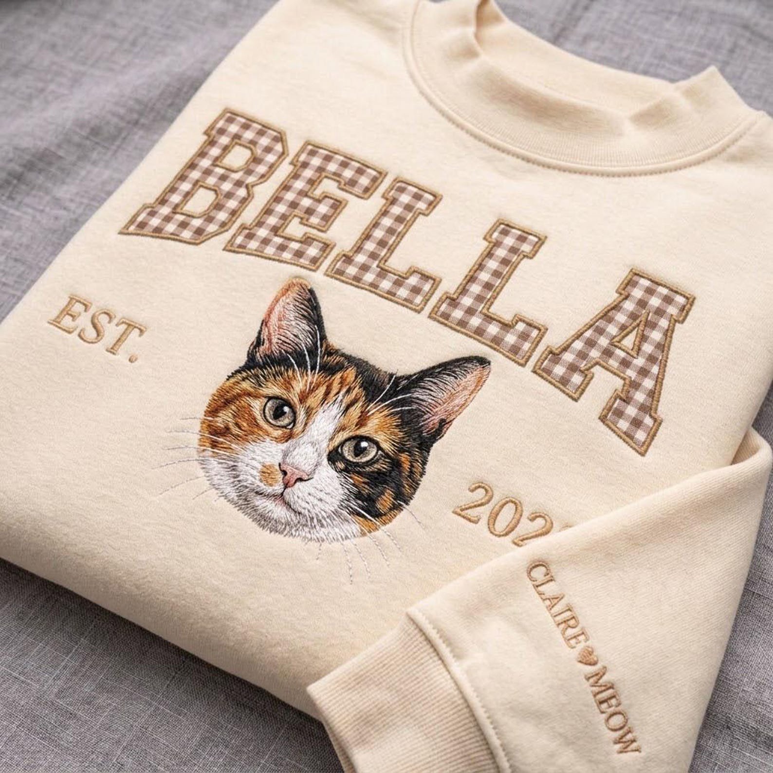 Custom Pet Portrait Gingham Applique Mock Neck Sweatshirt, Personalized Dog Name Crewneck, Embroidered Memorial Pet Gift 3