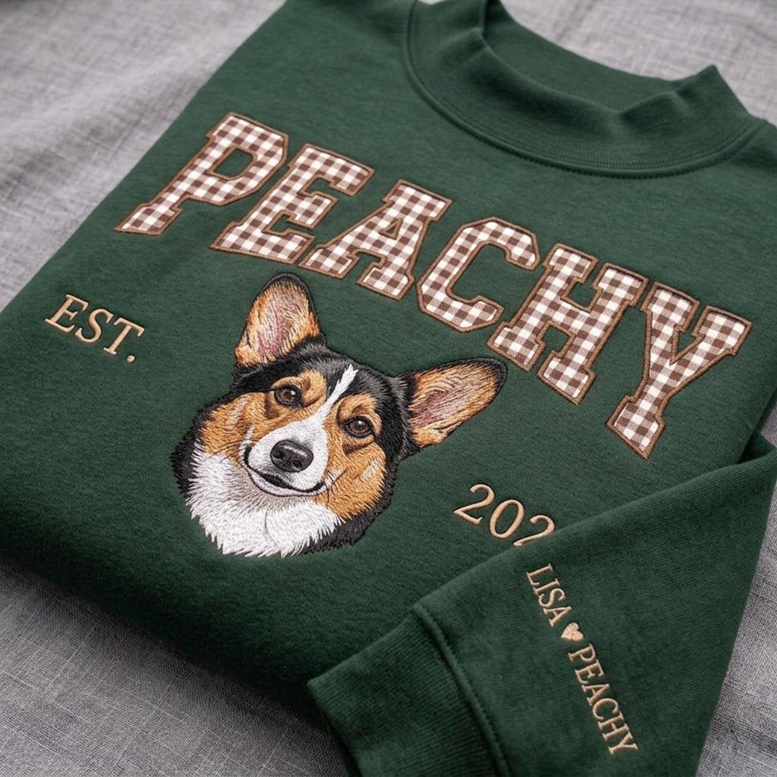 Custom Pet Portrait Gingham Applique Mock Neck Sweatshirt, Personalized Dog Name Crewneck, Embroidered Memorial Pet Gift 1
