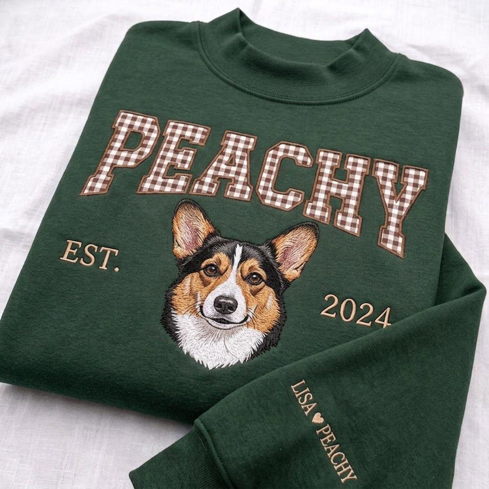 Custom Pet Portrait Gingham Applique Mock Neck Sweatshirt, Personalized Dog Name Crewneck, Embroidered Memorial Pet Gift 4