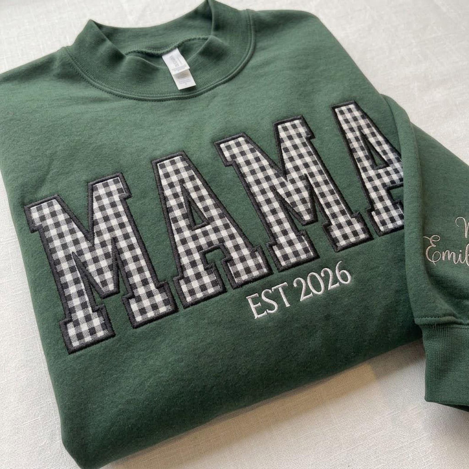 Personalized Mama Applique Sweatshirt, Gingham Mama Crewneck, Custom Kids Names Sleeve, Est Year New Mom Mother's Day Gift 5