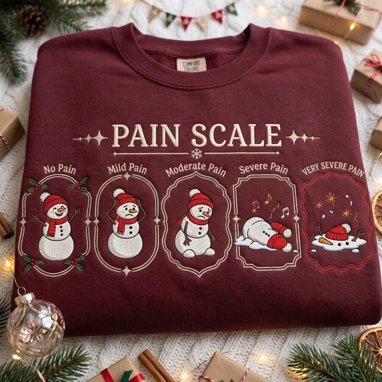 Snowman Pain Scale Embroidered Sweatshirt, Funny Christmas Crewneck, No Pain to Severe Pain Holiday Medical Humor Winter Gift 3