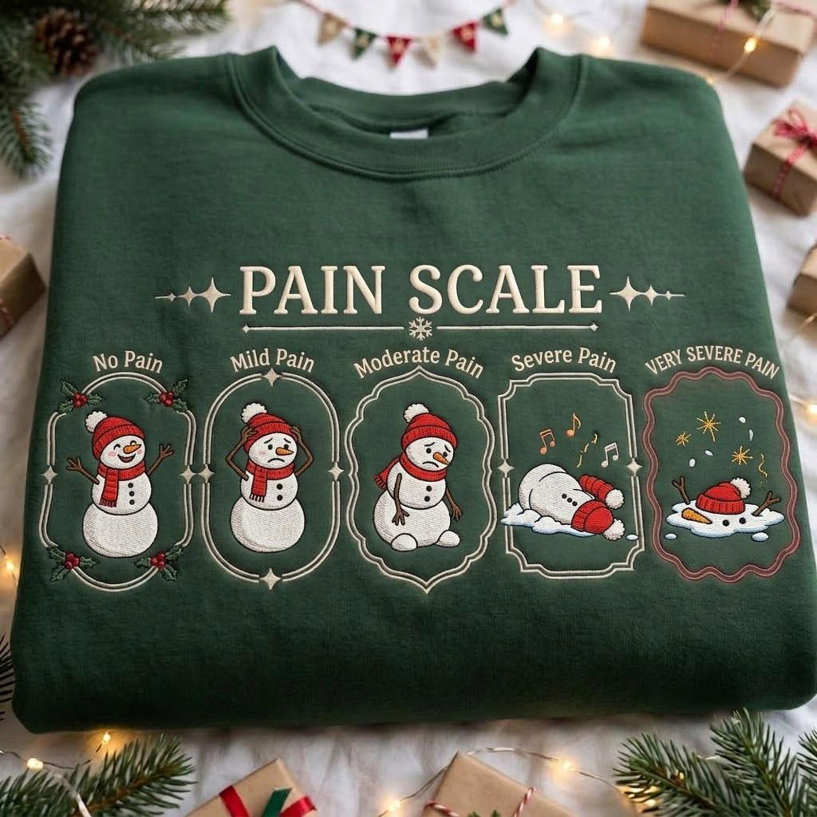 Snowman Pain Scale Embroidered Sweatshirt, Funny Christmas Crewneck, No Pain to Severe Pain Holiday Medical Humor Winter Gift 1
