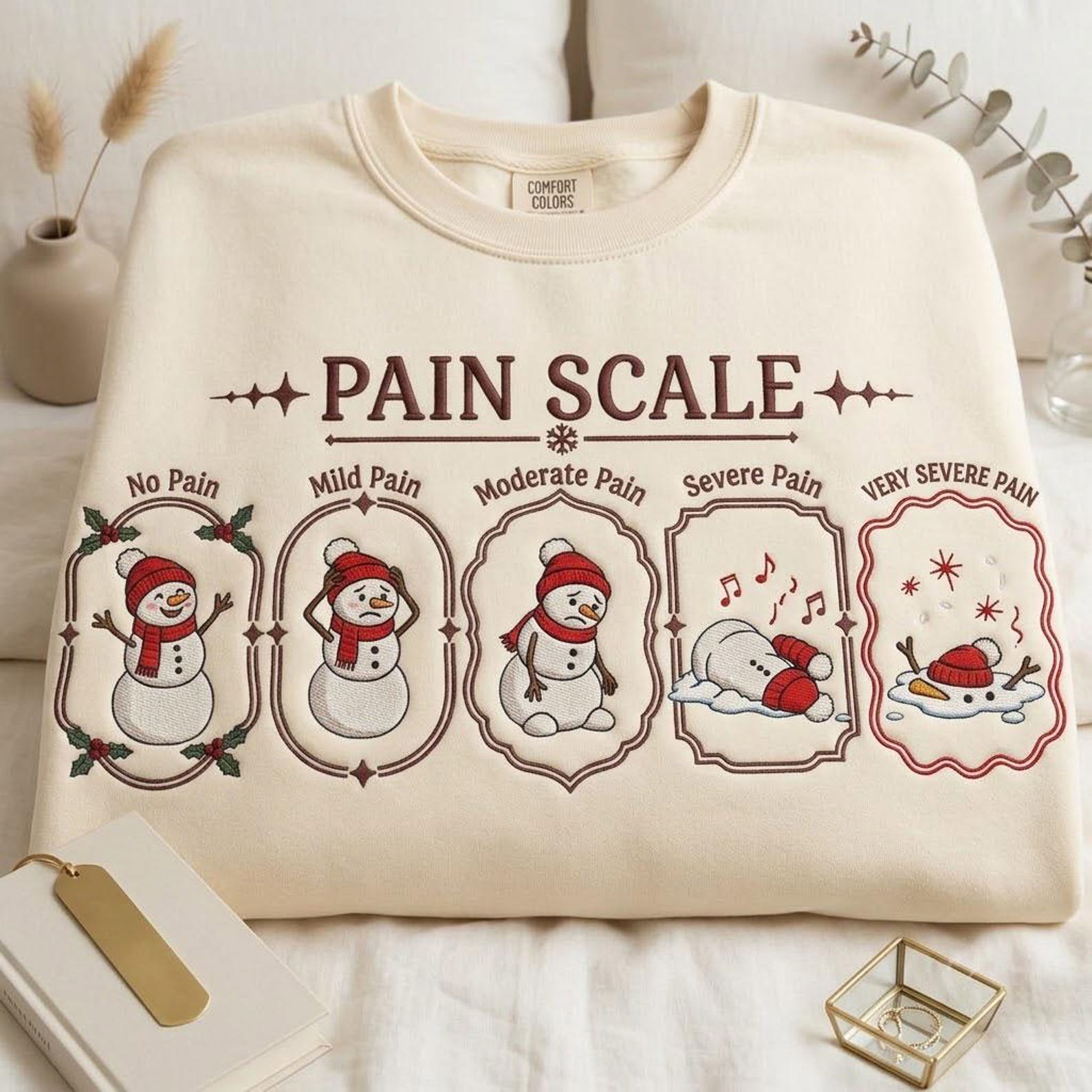 Snowman Pain Scale Embroidered Sweatshirt, Funny Christmas Crewneck, No Pain to Severe Pain Holiday Medical Humor Winter Gift 2