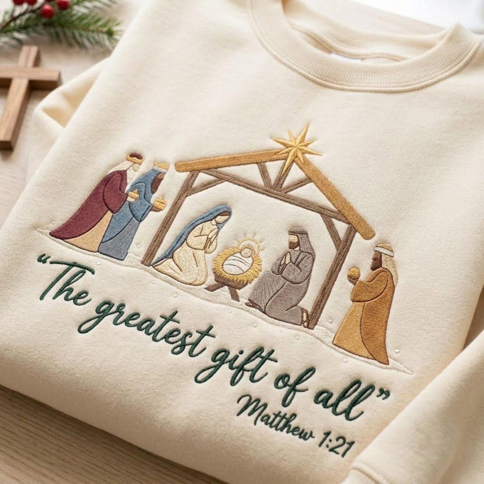 Nativity Christmas Embroidered Sweatshirt, The Greatest Gift of All Matthew 1:21 Crewneck, Christian Holiday Faith Christmas Gift 2