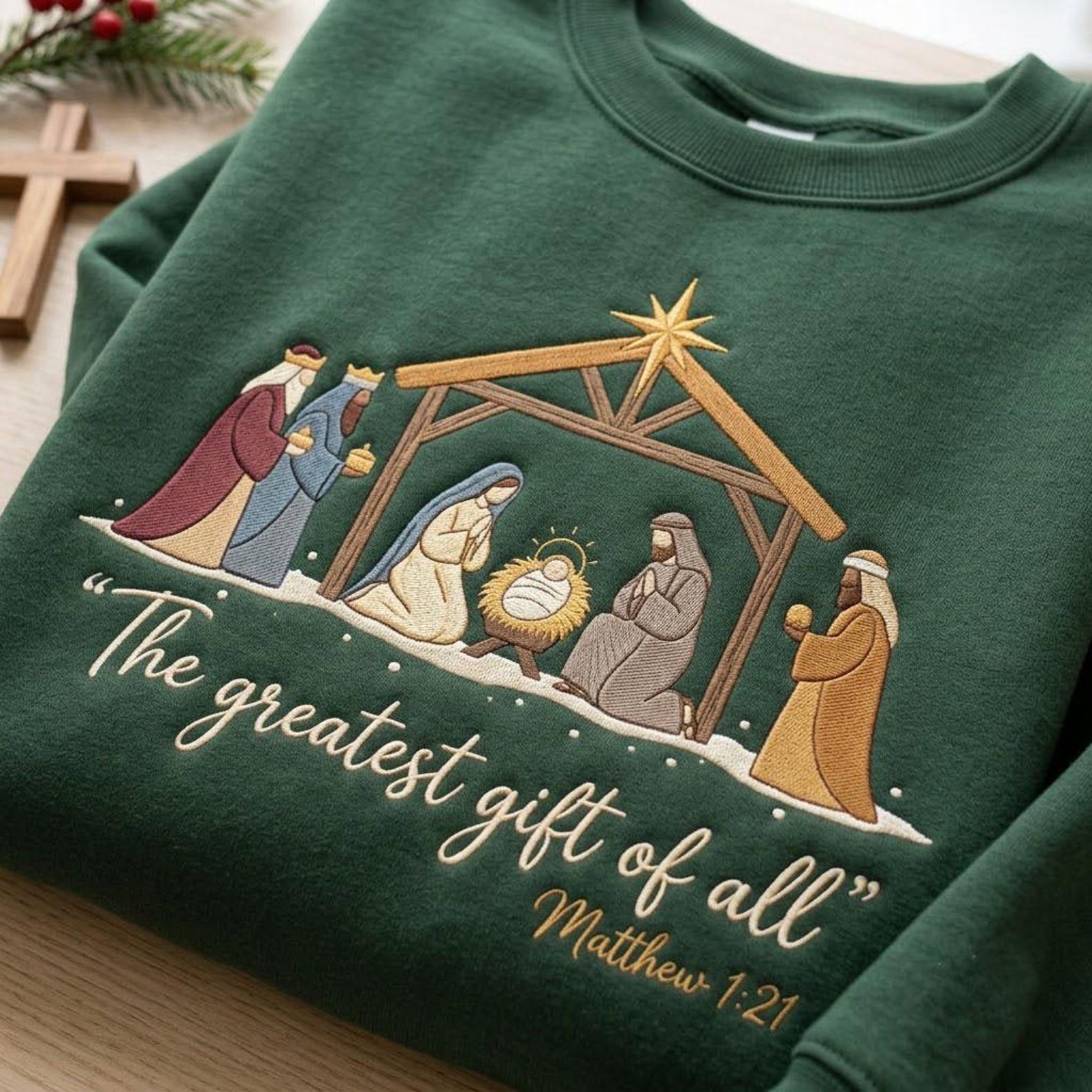 Nativity Christmas Embroidered Sweatshirt, The Greatest Gift of All Matthew 1:21 Crewneck, Christian Holiday Faith Christmas Gift 1