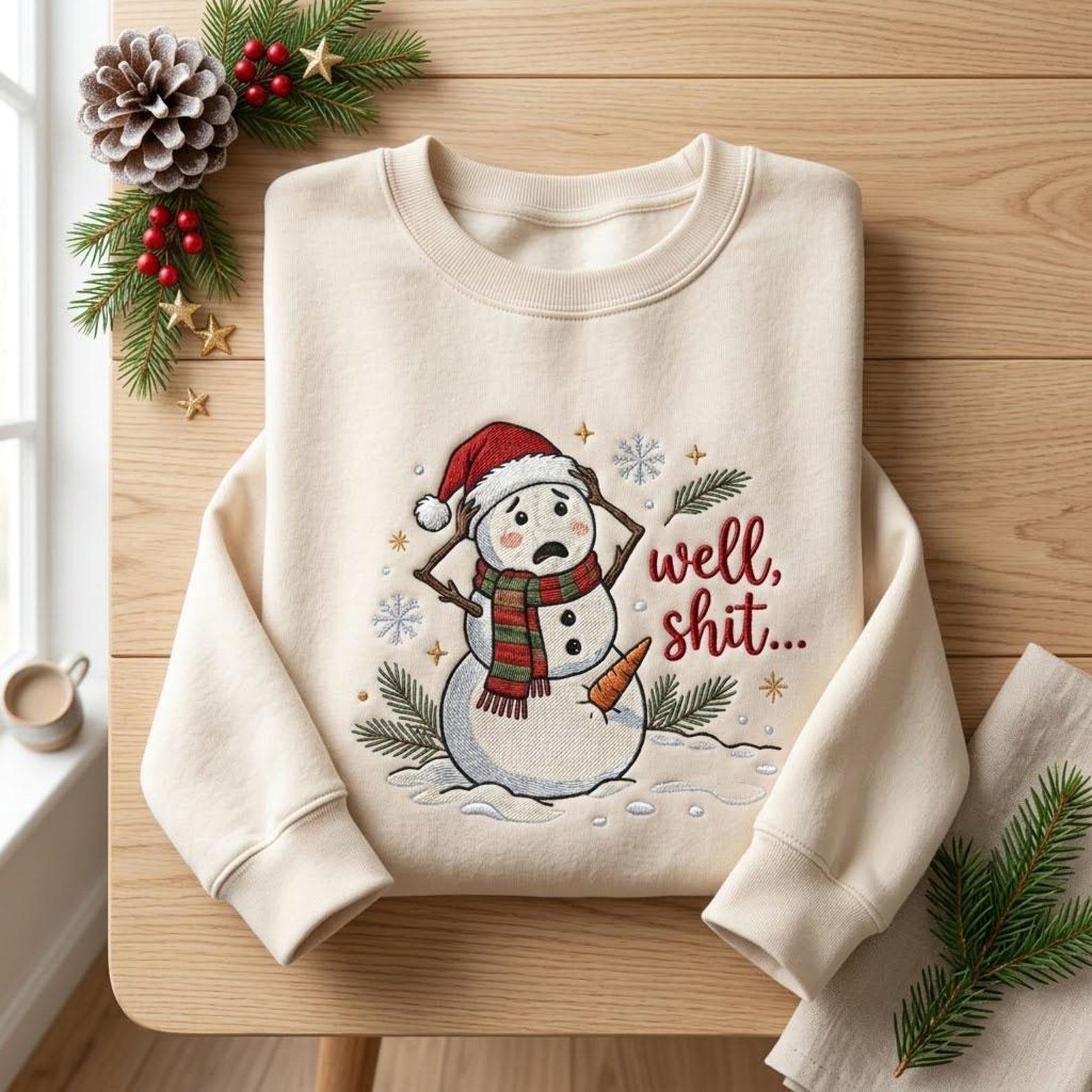 Well Shit Snowman Embroidered Sweatshirt, Funny Christmas Crewneck, Sarcastic Holiday Shirt, Adult Humor Winter Christmas Gift 1
