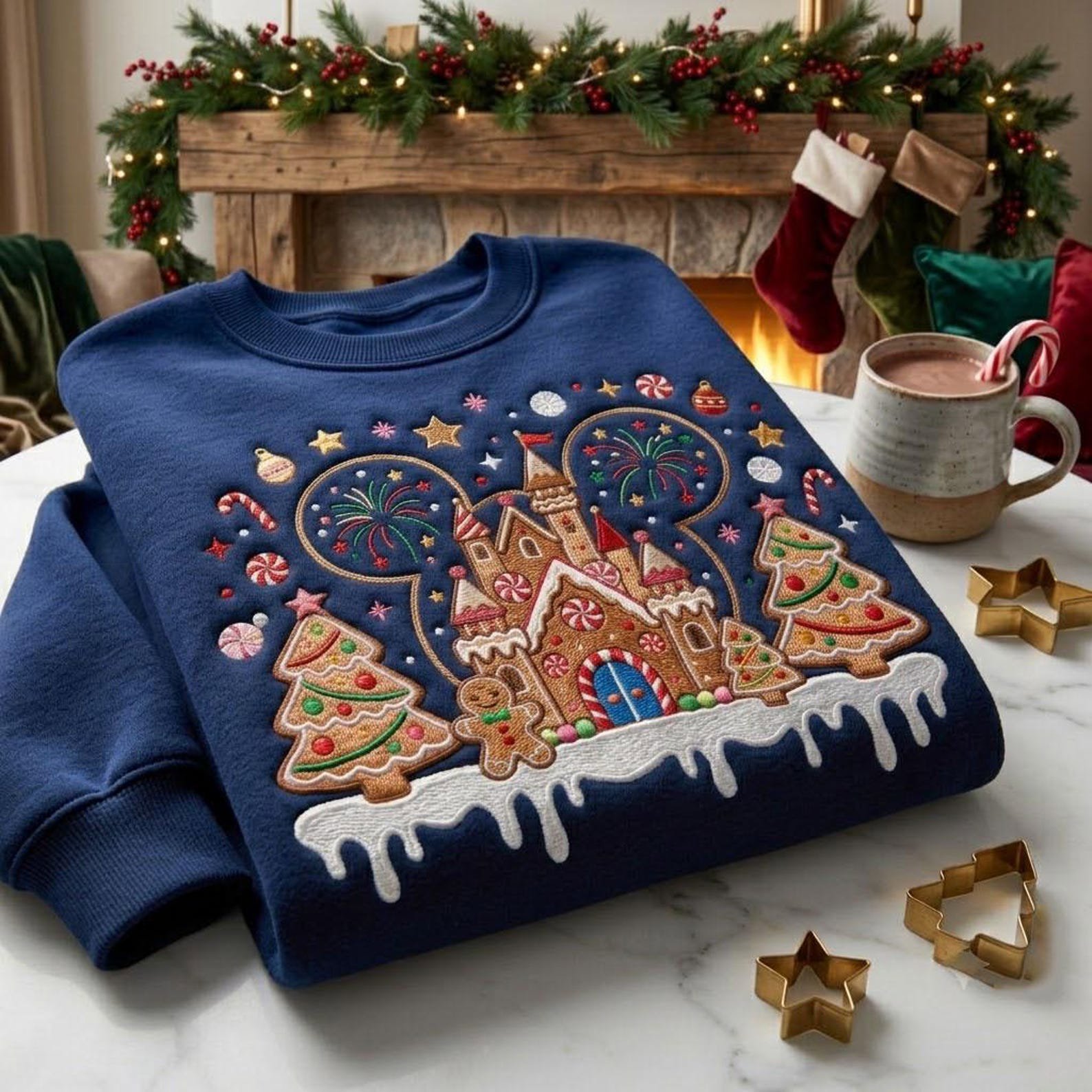 Christmas Gingerbread Castle Embroidered Sweatshirt, Magical Theme Park Holiday Crewneck, Gingerbread Cookie Vacation Christmas Shirt 1