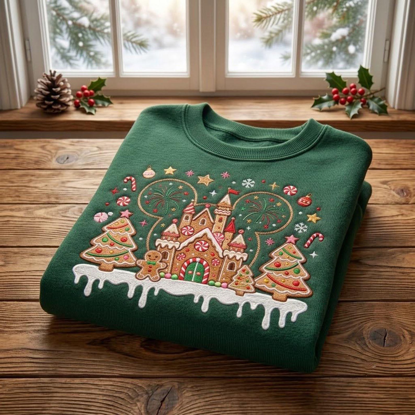 Christmas Gingerbread Castle Embroidered Sweatshirt, Magical Theme Park Holiday Crewneck, Gingerbread Cookie Vacation Christmas Shirt 2