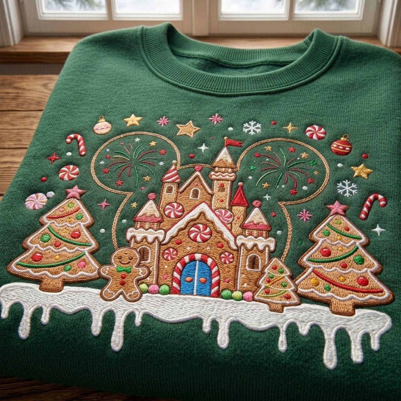 Christmas Gingerbread Castle Embroidered Sweatshirt, Magical Theme Park Holiday Crewneck, Gingerbread Cookie Vacation Christmas Shirt 3