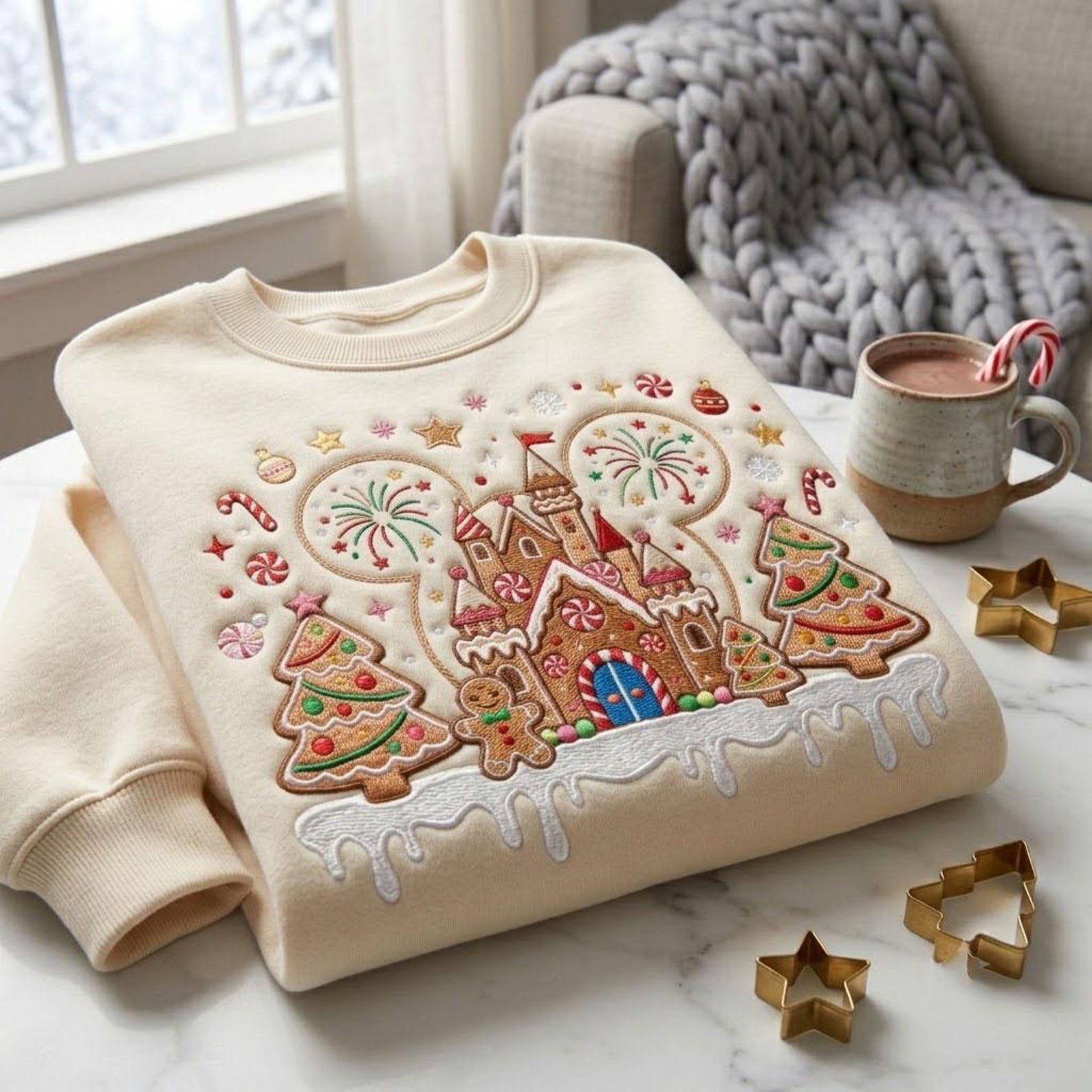 Christmas Gingerbread Castle Embroidered Sweatshirt, Magical Theme Park Holiday Crewneck, Gingerbread Cookie Vacation Christmas Shirt 4