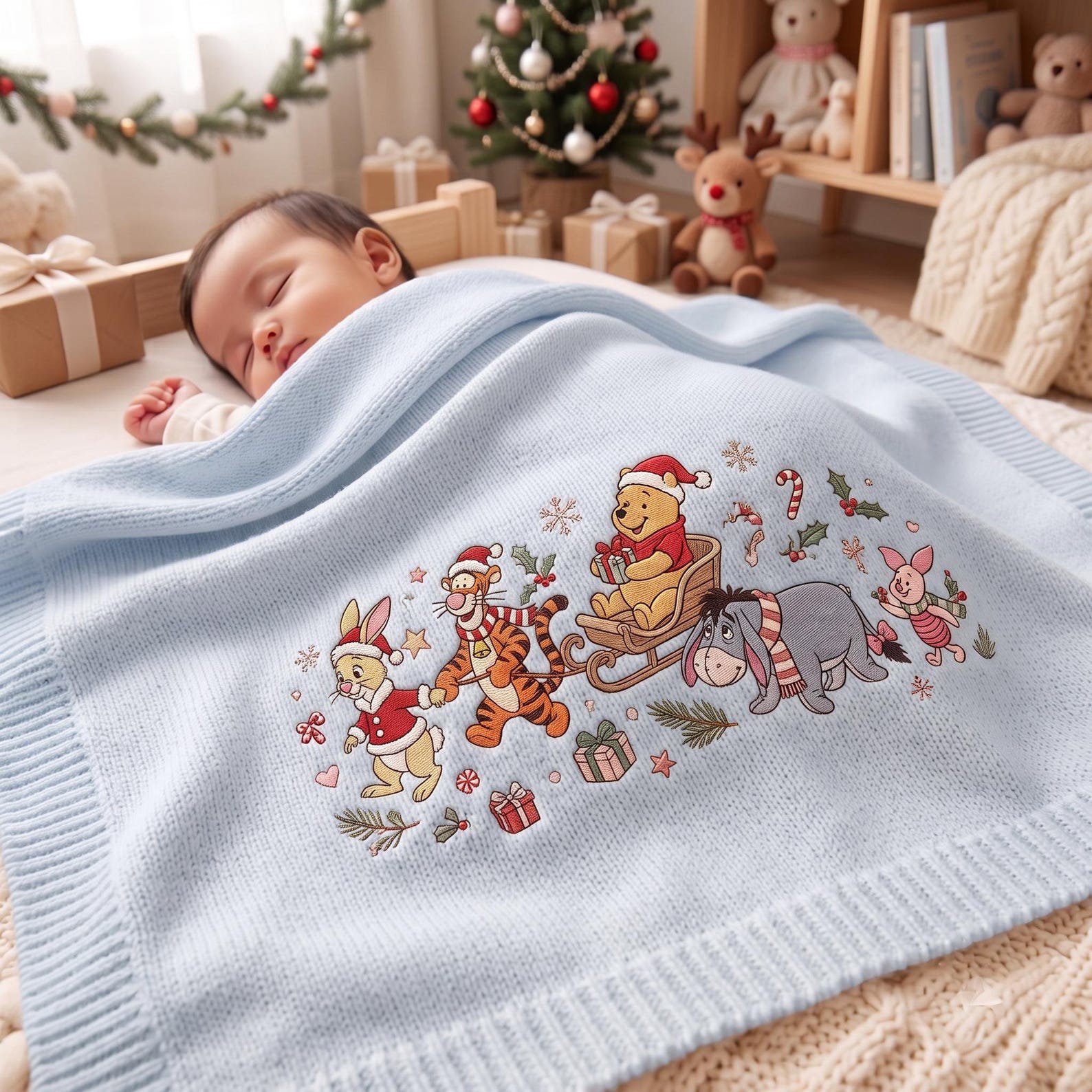 Winnie the Pooh Baby Blanket, Pooh and Friends Christmas Embroidered Blanket, Cozy Nursery Decor, Newborn Baby Shower Gift 2