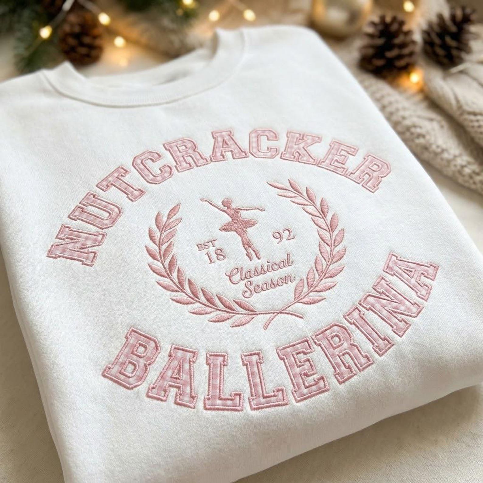 Ballet Lover Embroidered Sweatshirt, Nutcracker Ballerina Gingham Applique Crewneck, Christmas Season Dance Gift 3