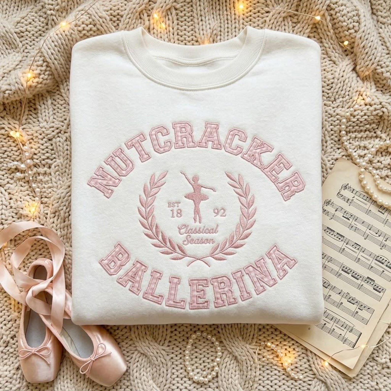 Ballet Lover Embroidered Sweatshirt, Nutcracker Ballerina Gingham Applique Crewneck, Christmas Season Dance Gift 1