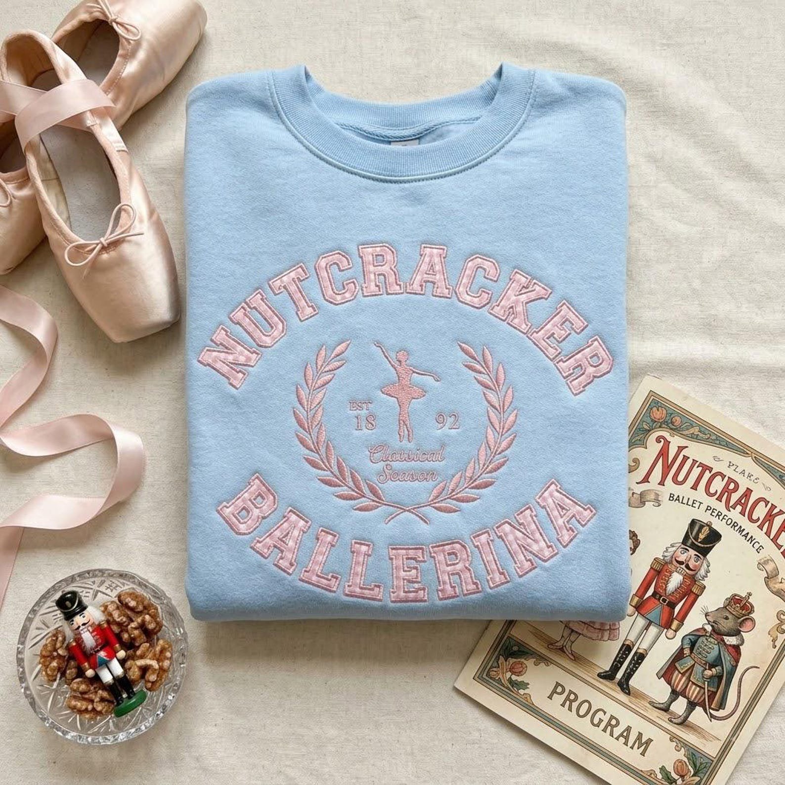 Ballet Lover Embroidered Sweatshirt, Nutcracker Ballerina Gingham Applique Crewneck, Christmas Season Dance Gift 4