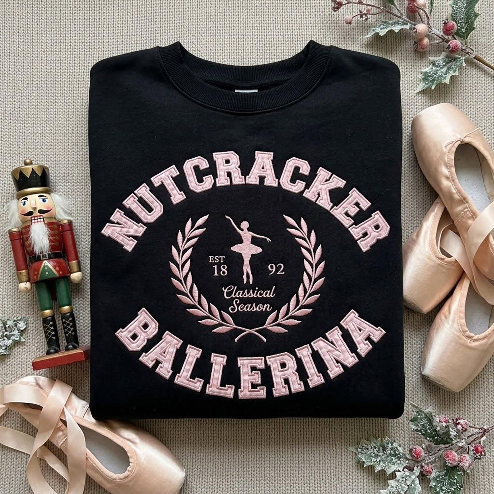 Ballet Lover Embroidered Sweatshirt, Nutcracker Ballerina Gingham Applique Crewneck, Christmas Season Dance Gift 6