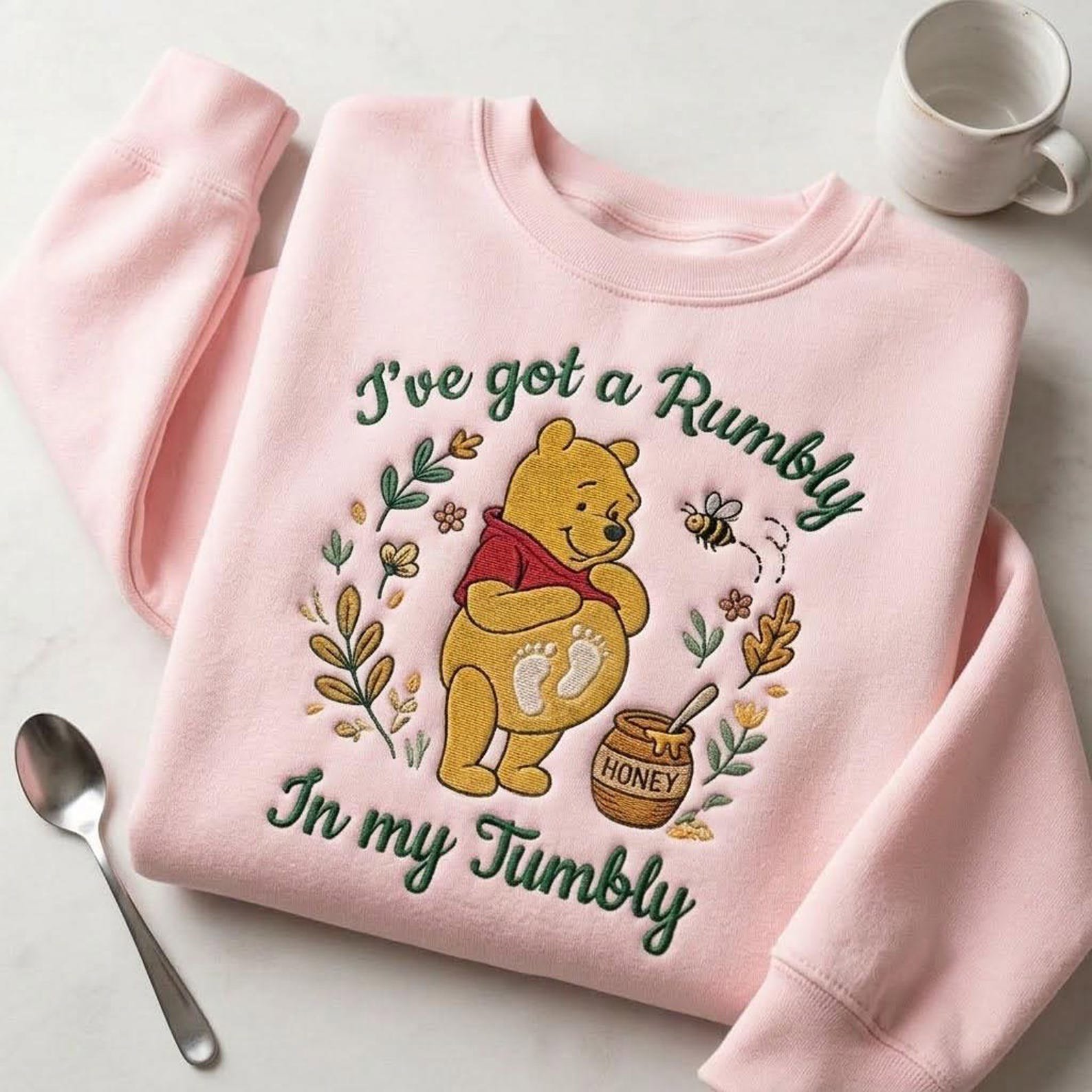 Winnie The Pooh Pregnancy Embroidered Sweatshirt, Rumbly In My Tumbly Crewneck, Cute Baby Announcement Gift for Mom To Be 3