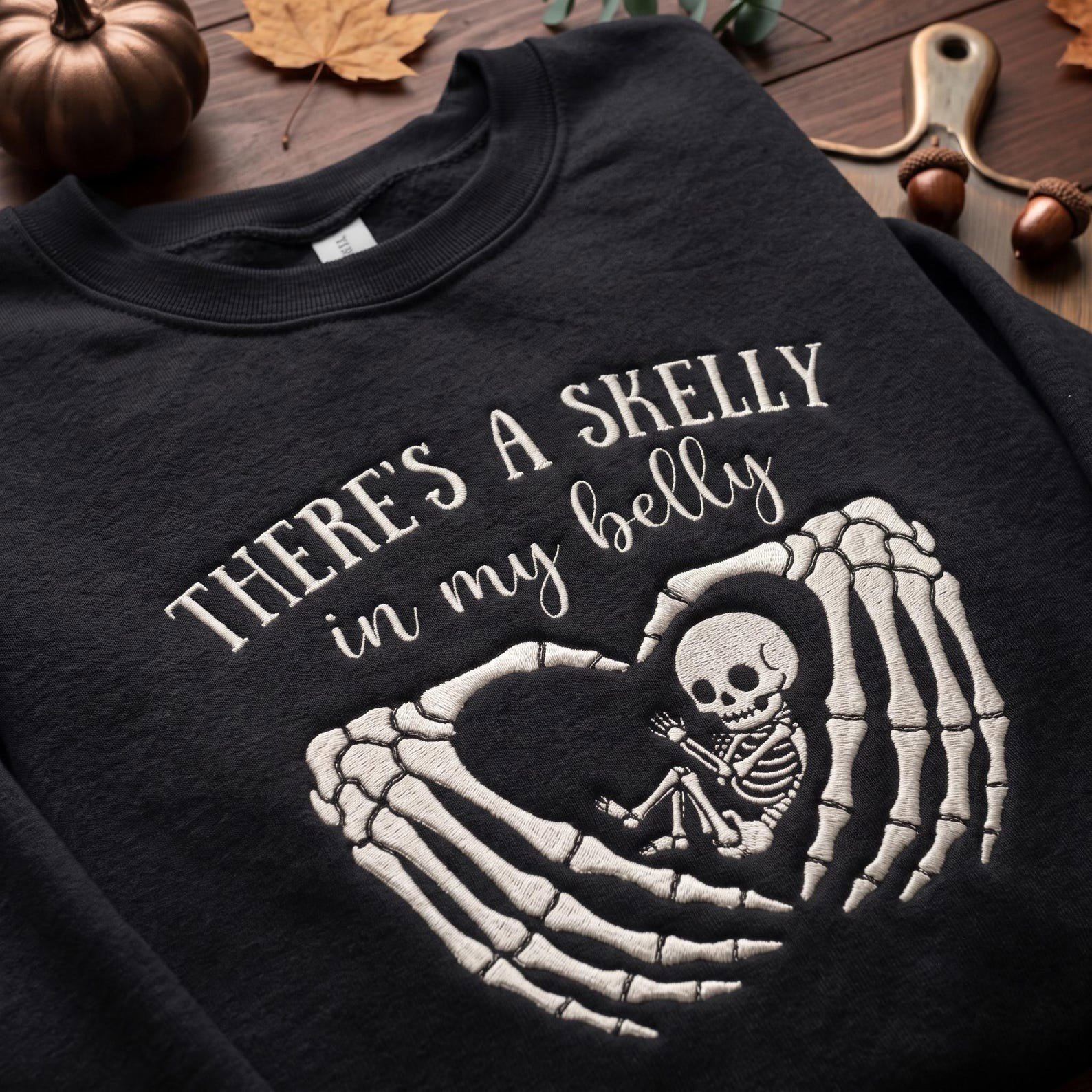 There's a Skelly in My Belly Embroidered Sweatshirt, Pregnant Halloween Crewneck, Skeleton Baby Pregnancy Announcement, Spooky Mama Gift 2