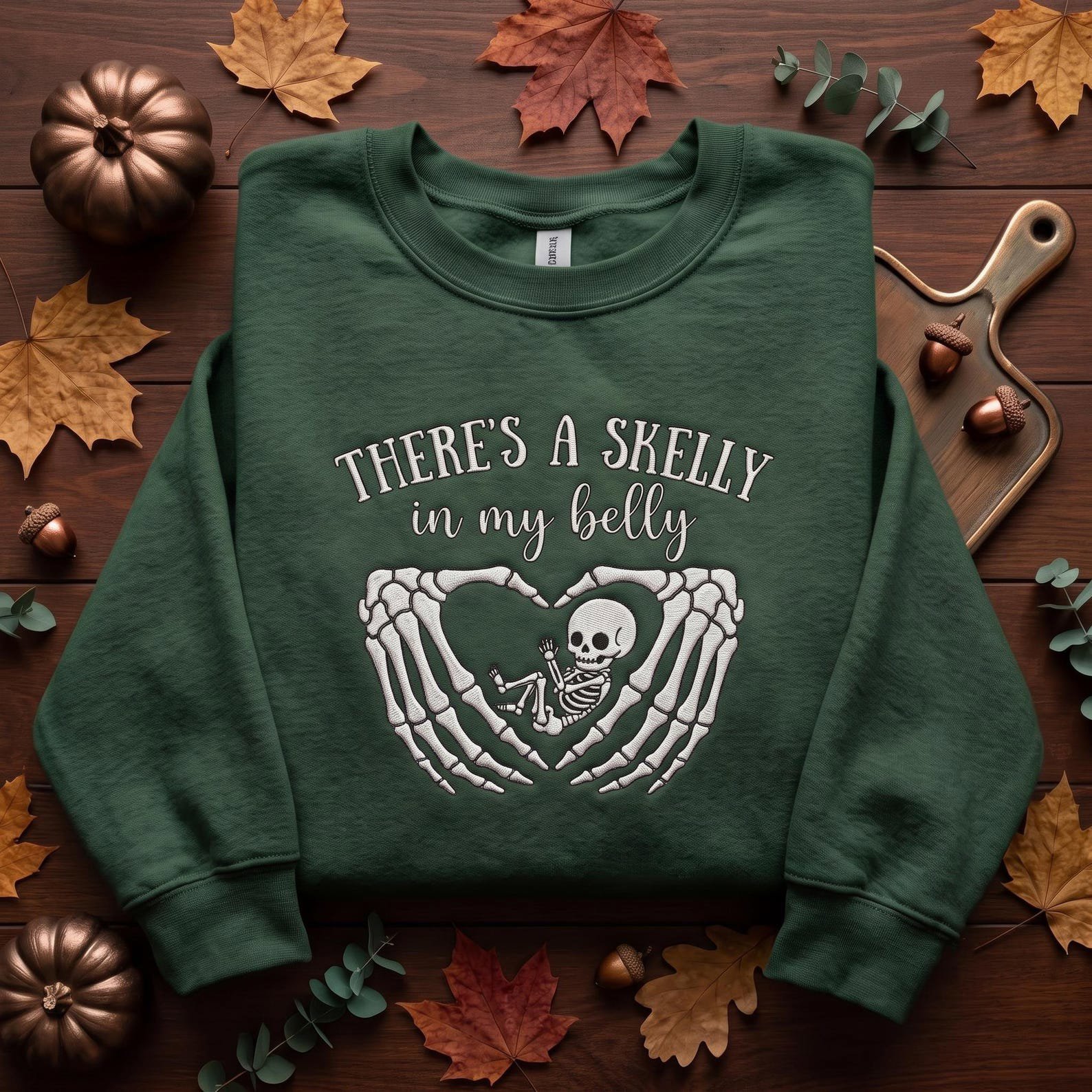 There's a Skelly in My Belly Embroidered Sweatshirt, Pregnant Halloween Crewneck, Skeleton Baby Pregnancy Announcement, Spooky Mama Gift 3