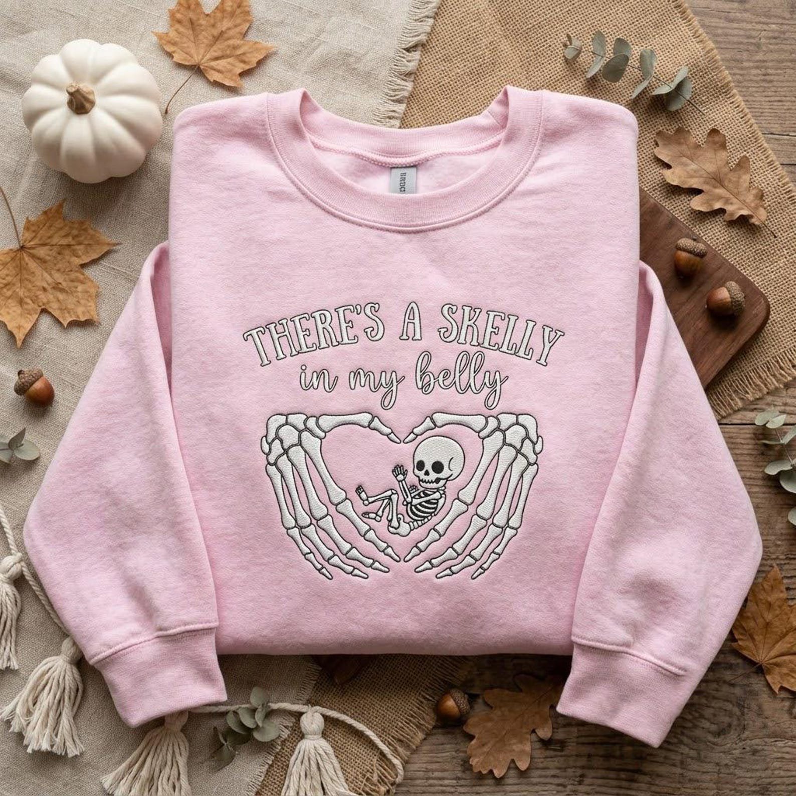 There's a Skelly in My Belly Embroidered Sweatshirt, Pregnant Halloween Crewneck, Skeleton Baby Pregnancy Announcement, Spooky Mama Gift 1