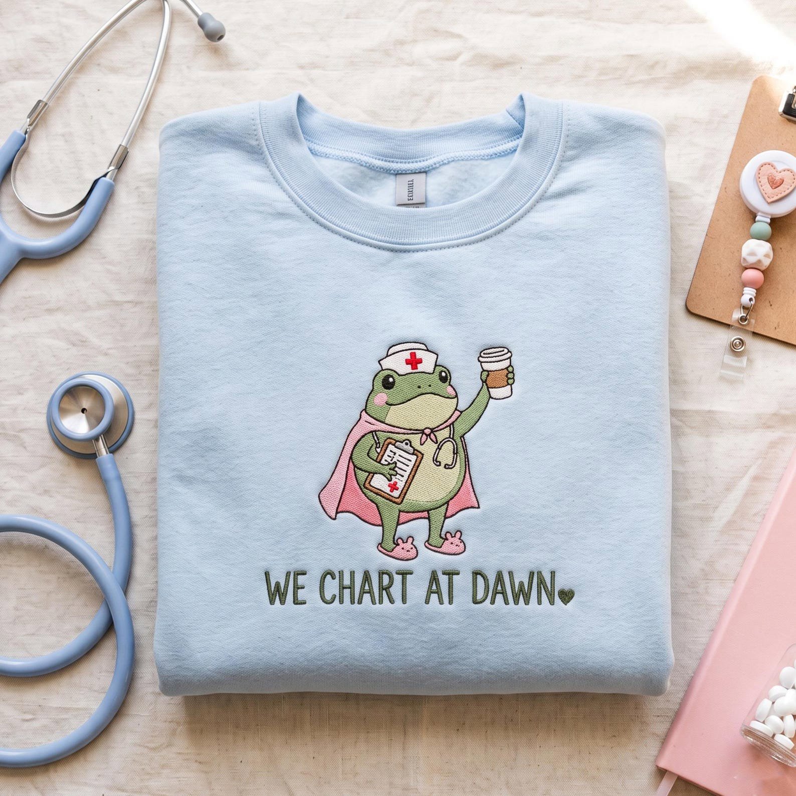 We Chart At Dawn Nurse Embroidered Sweatshirt, Funny Night Shift NICU Nurse Gift, Embroidered Frog Nurse Shirt, Healthcare Worker Shirt 2