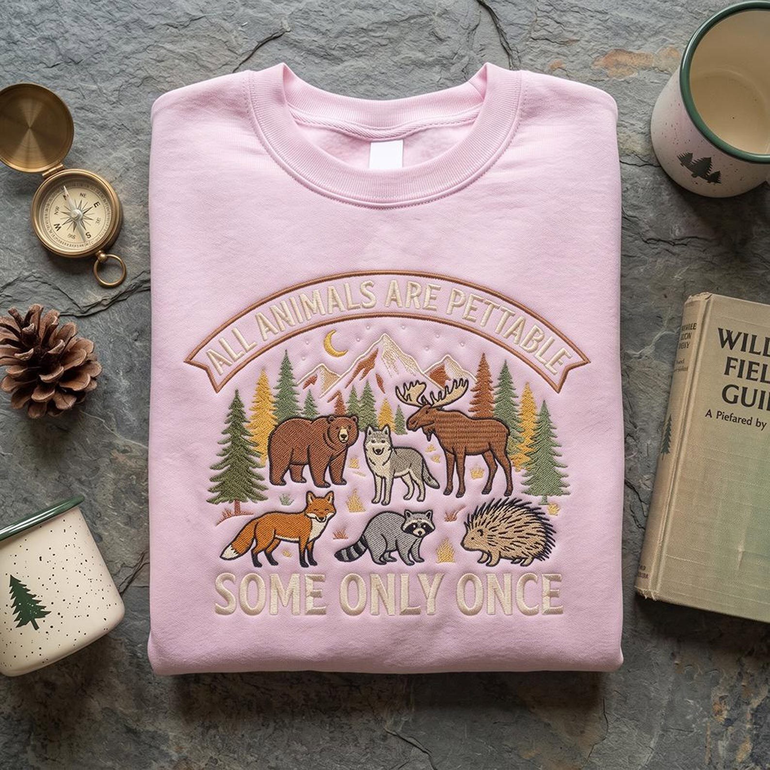 All Animals Are Pettable Embroidered Sweatshirt, Funny Wildlife Animal Shirt, Bear Moose Fox Raccoon Nature Lover Gift, Camping Crewneck 2