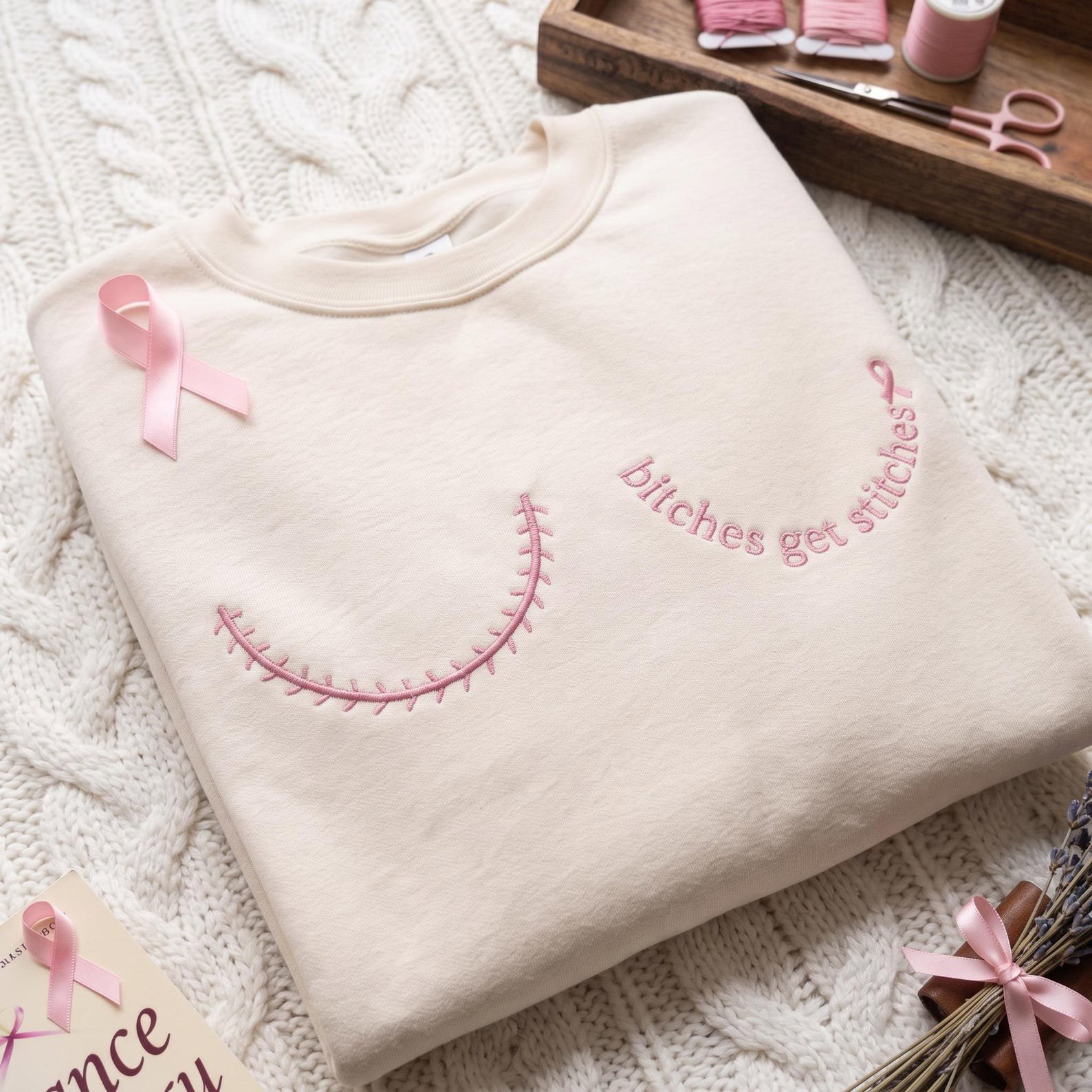 Bitches Get Stitches Embroidered Sweatshirt, Breast Cancer Awareness Crewneck, Pink Ribbon Boob Design, Funny Support Shirt Gift 2