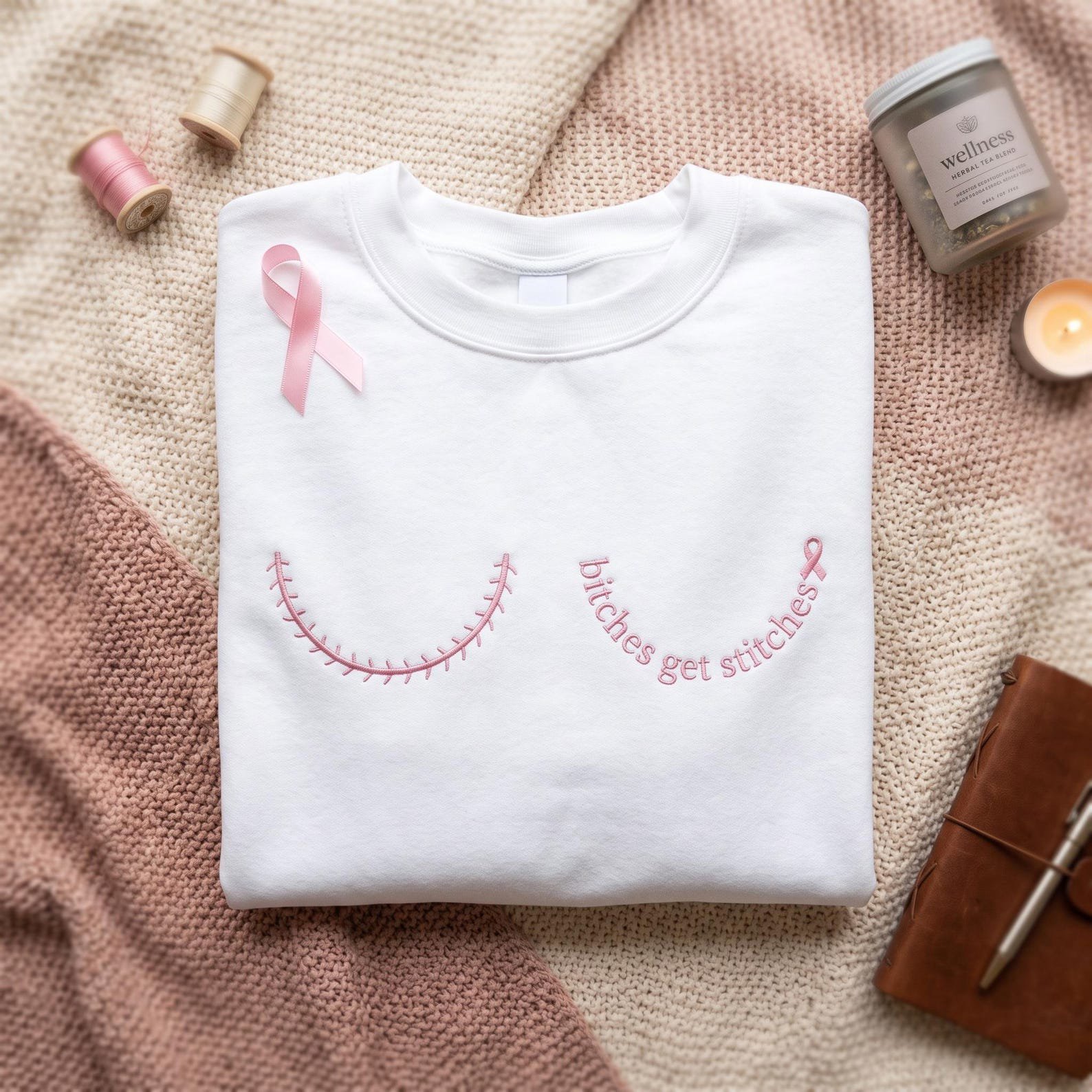 Bitches Get Stitches Embroidered Sweatshirt, Breast Cancer Awareness Crewneck, Pink Ribbon Boob Design, Funny Support Shirt Gift 3