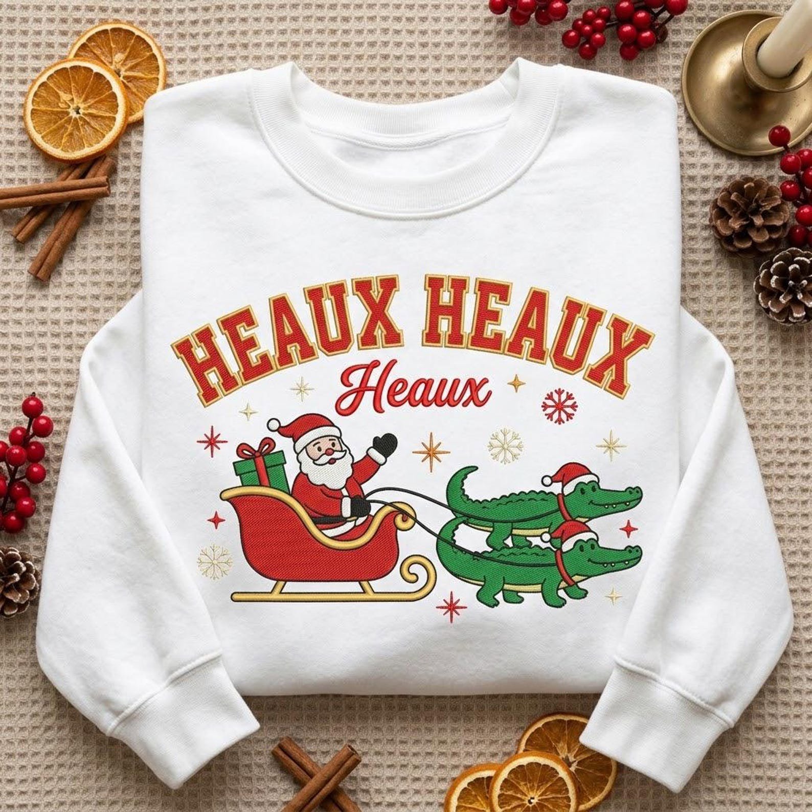 Heaux Heaux Christmas Embroidered Sweatshirt, Funny Santa Alligator Sleigh Crewneck, Cajun Christmas Shirt, Holiday Gift 3