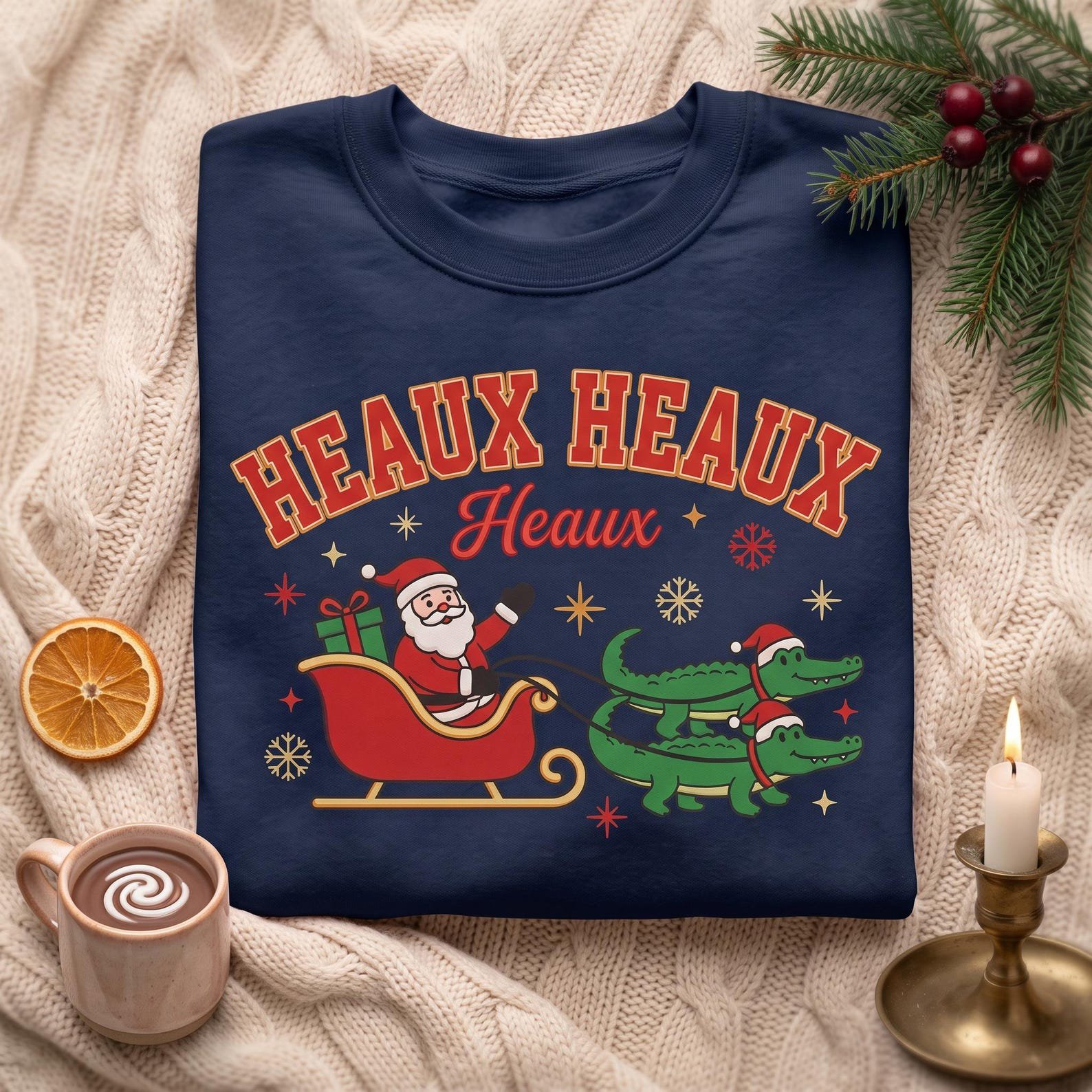 Heaux Heaux Christmas Embroidered Sweatshirt, Funny Santa Alligator Sleigh Crewneck, Cajun Christmas Shirt, Holiday Gift 2