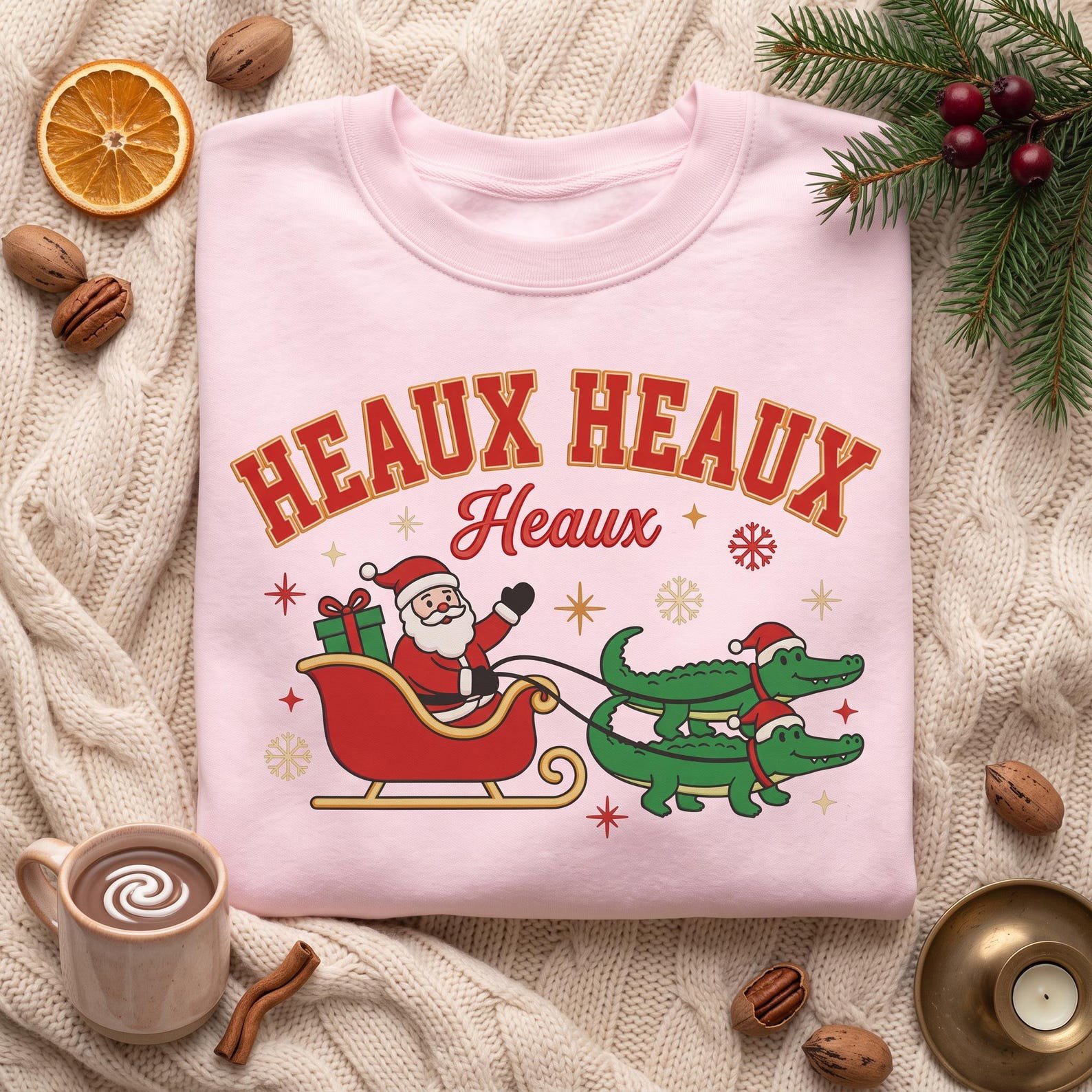 Heaux Heaux Christmas Embroidered Sweatshirt, Funny Santa Alligator Sleigh Crewneck, Cajun Christmas Shirt, Holiday Gift 1