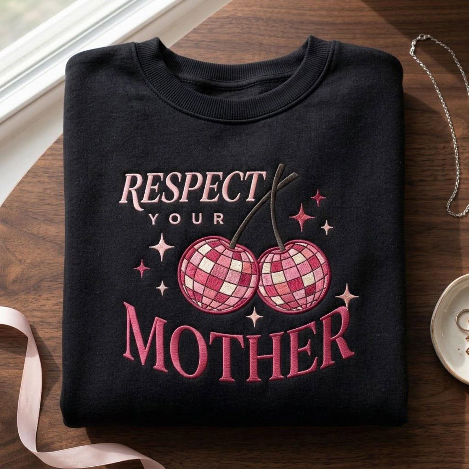 Respect Your Mother Embroidered Sweatshirt, Disco Cherry Crewneck, Retro Groovy Statement Shirt, Funny Feminist Gift, Vintage Style Top 3