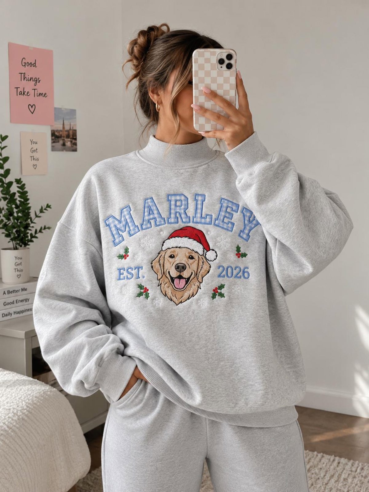 Santa Cat Embroidered Mock Neck Sweatshirt, Christmas Kitty Crewneck, Plaid Letter Holiday Shirt, Cute Festive Cat Lover Gift 3