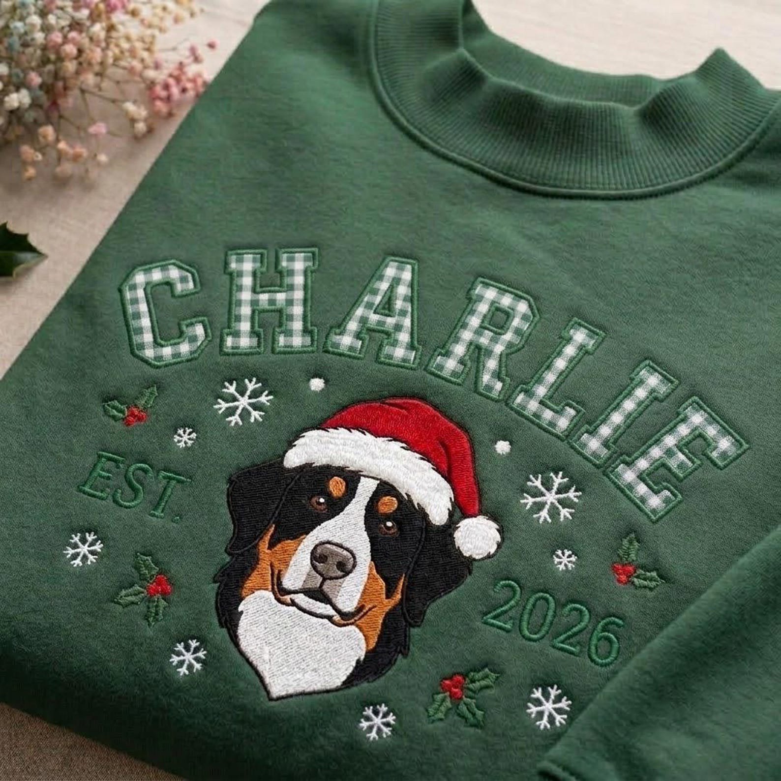 Santa Cat Embroidered Mock Neck Sweatshirt, Christmas Kitty Crewneck, Plaid Letter Holiday Shirt, Cute Festive Cat Lover Gift 4