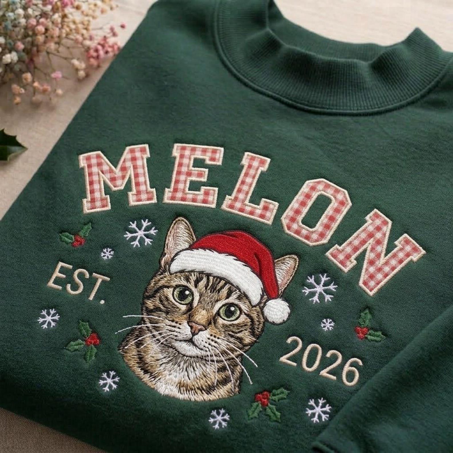 Santa Cat Embroidered Mock Neck Sweatshirt, Christmas Kitty Crewneck, Plaid Letter Holiday Shirt, Cute Festive Cat Lover Gift 7