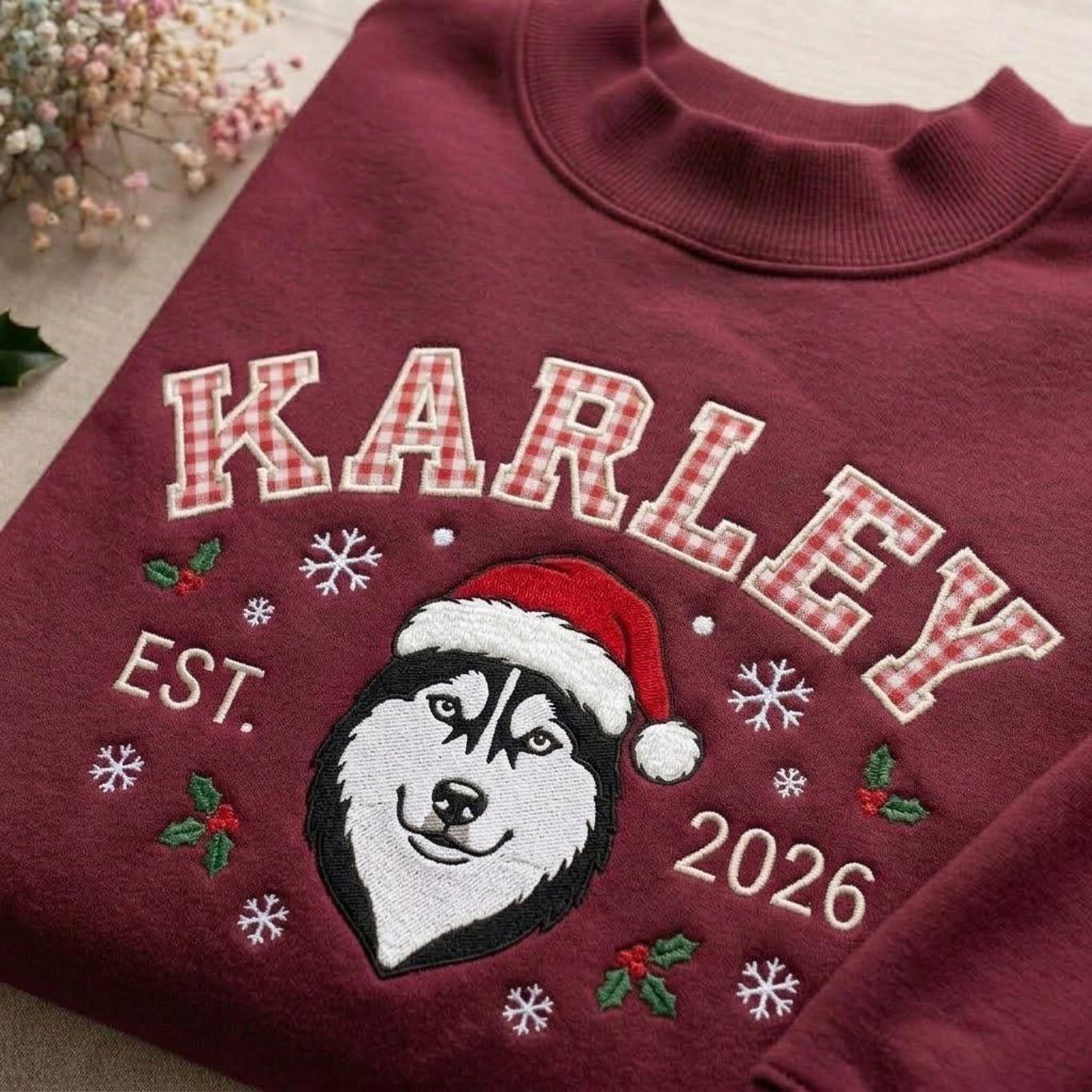 Santa Cat Embroidered Mock Neck Sweatshirt, Christmas Kitty Crewneck, Plaid Letter Holiday Shirt, Cute Festive Cat Lover Gift 8