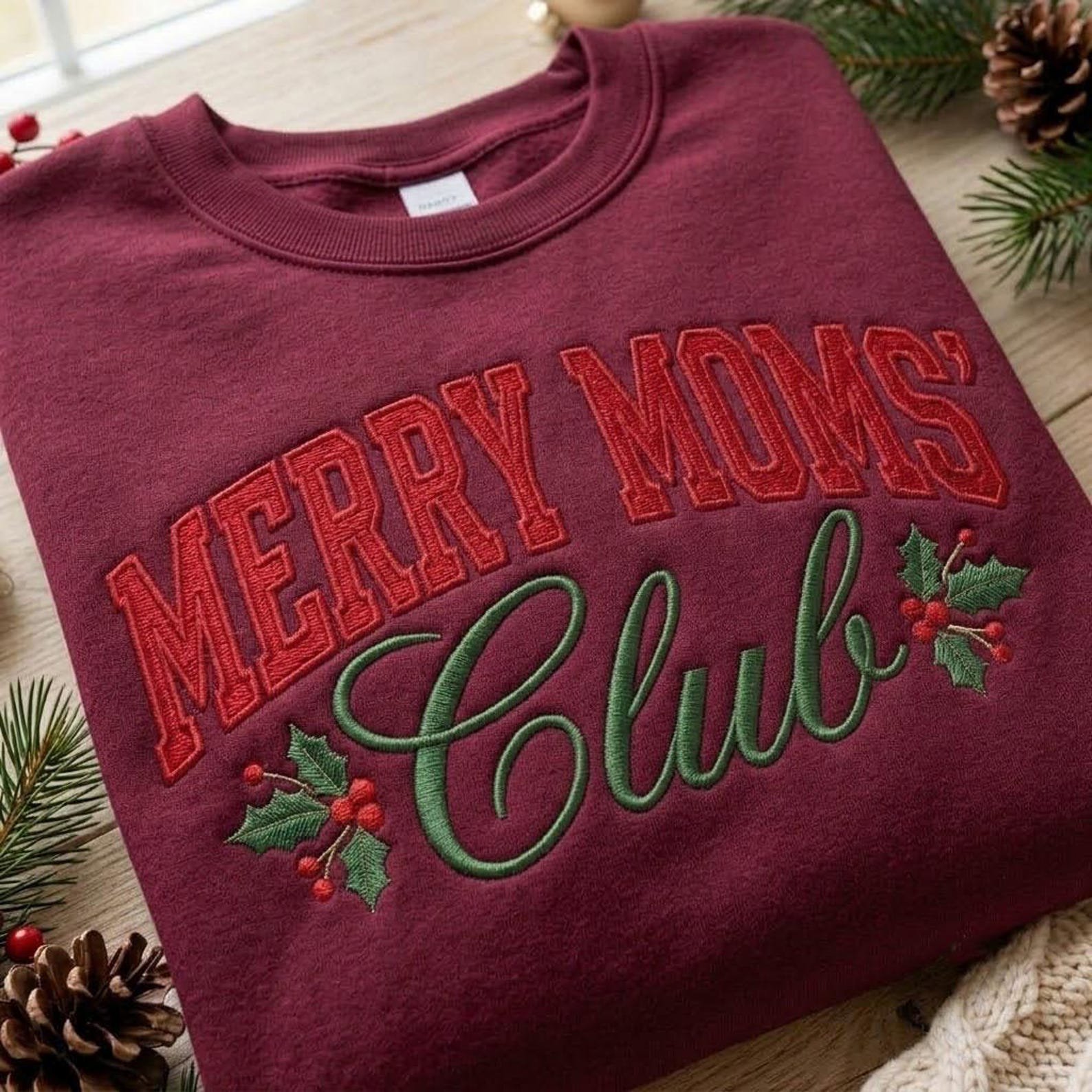 Merry Moms Club Embroidered Sweatshirt, Christmas Mom Crewneck, Holly Holiday Shirt, Festive Mama Sweatshirt, Cozy Christmas Gift Idea 3
