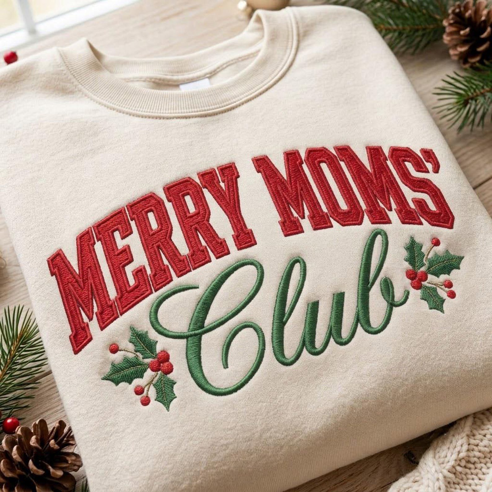 Merry Moms Club Embroidered Sweatshirt, Christmas Mom Crewneck, Holly Holiday Shirt, Festive Mama Sweatshirt, Cozy Christmas Gift Idea 1