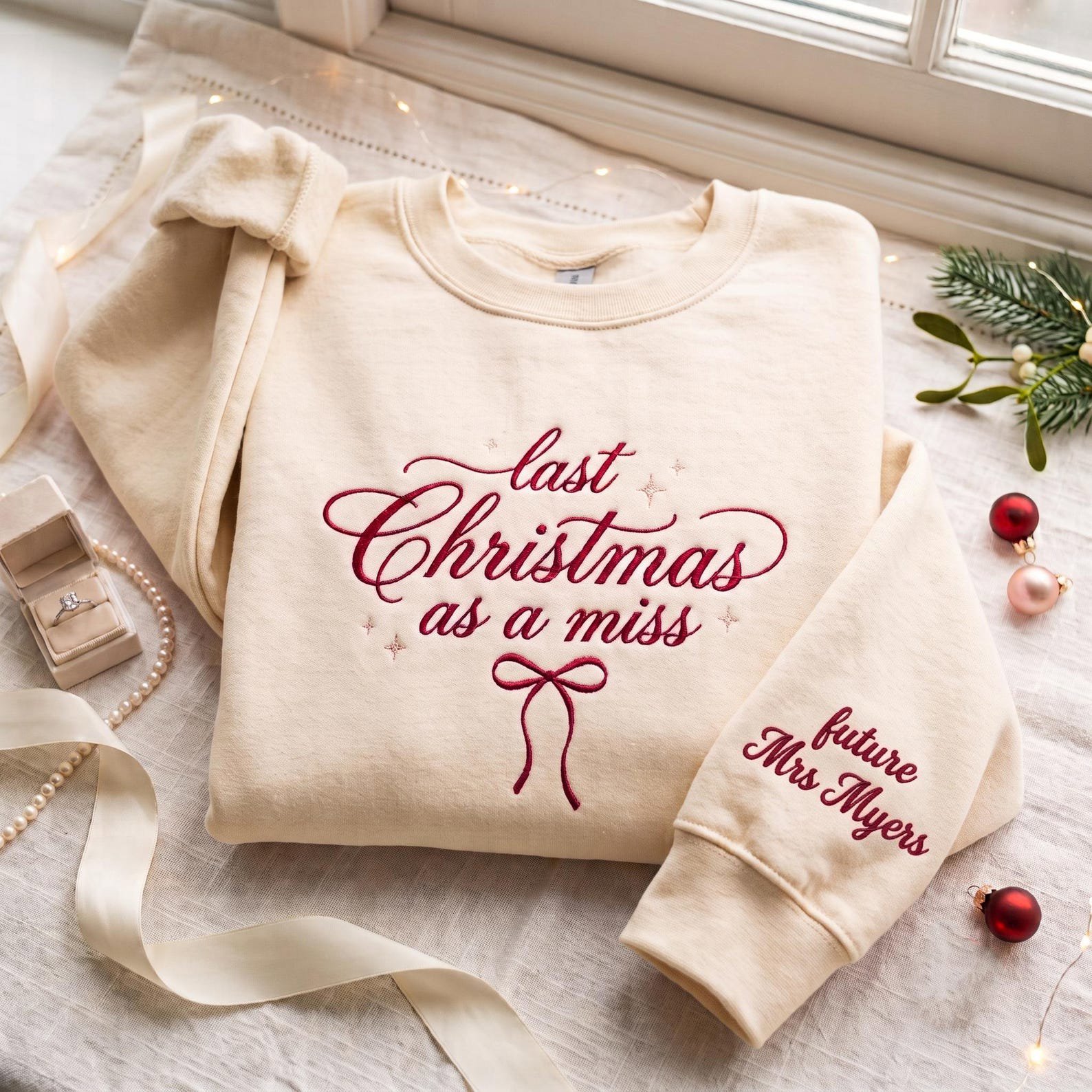 Last Christmas As A Miss Embroidered Sweatshirt, Future Mrs Bride Crewneck, Christmas Engagement Gift, Gift For Bride To Be Shirt 3