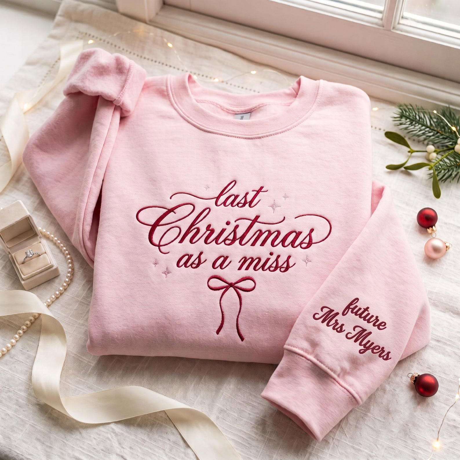Last Christmas As A Miss Embroidered Sweatshirt, Future Mrs Bride Crewneck, Christmas Engagement Gift, Gift For Bride To Be Shirt 2