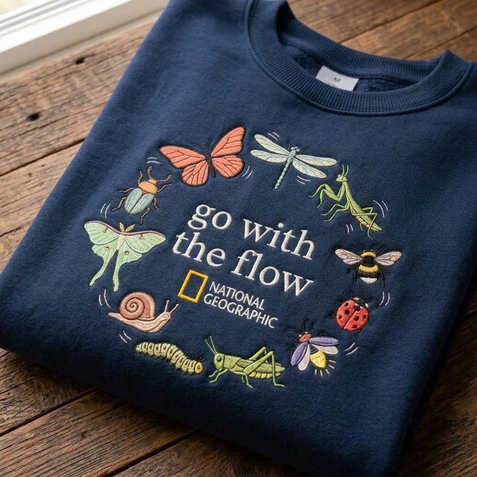 Go With The Flow Embroidered Sweatshirt, Insect Lover Crewneck, Butterfly Dragonfly Bug Shirt, Nature Lover Entomology Gift 3