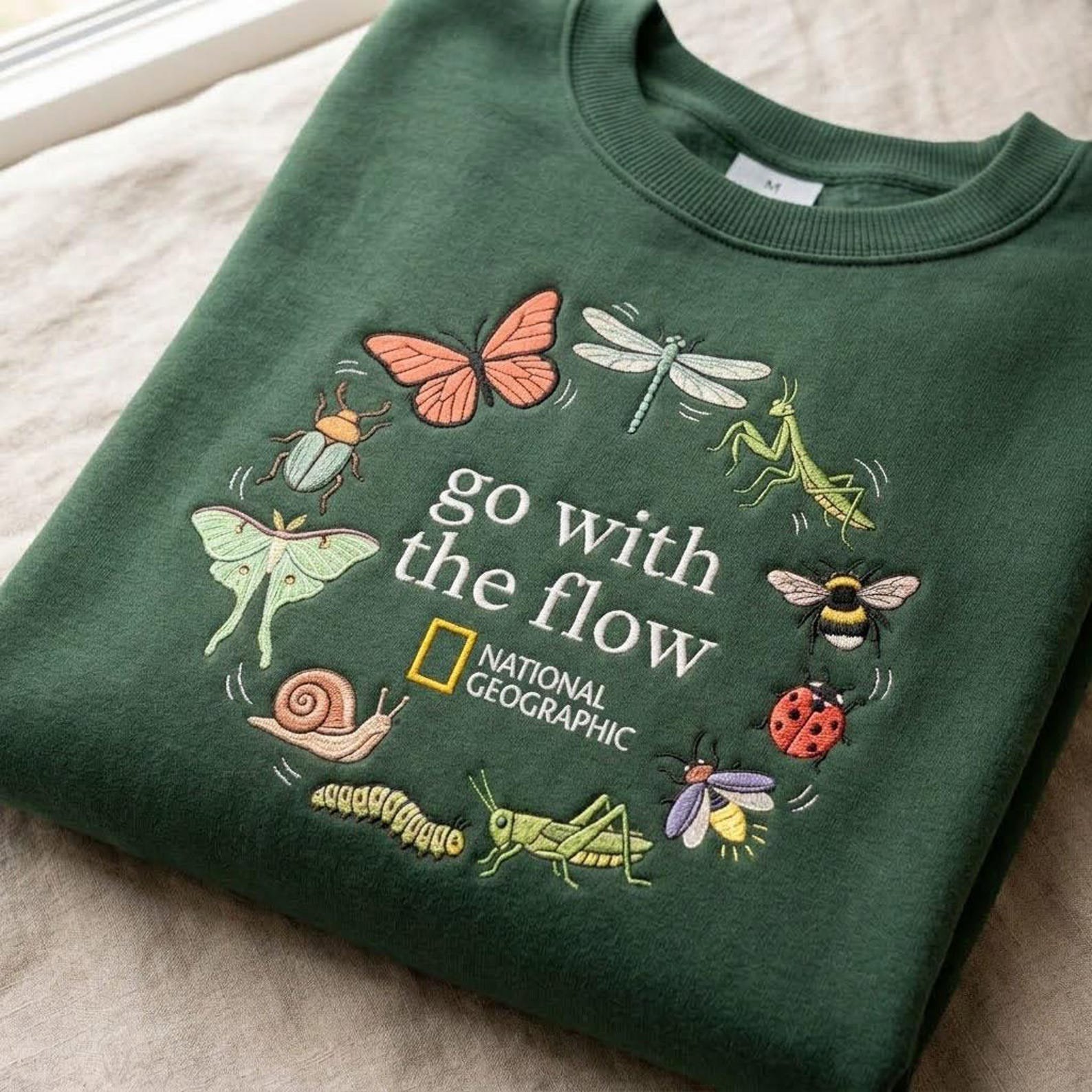 Go With The Flow Embroidered Sweatshirt, Insect Lover Crewneck, Butterfly Dragonfly Bug Shirt, Nature Lover Entomology Gift 2