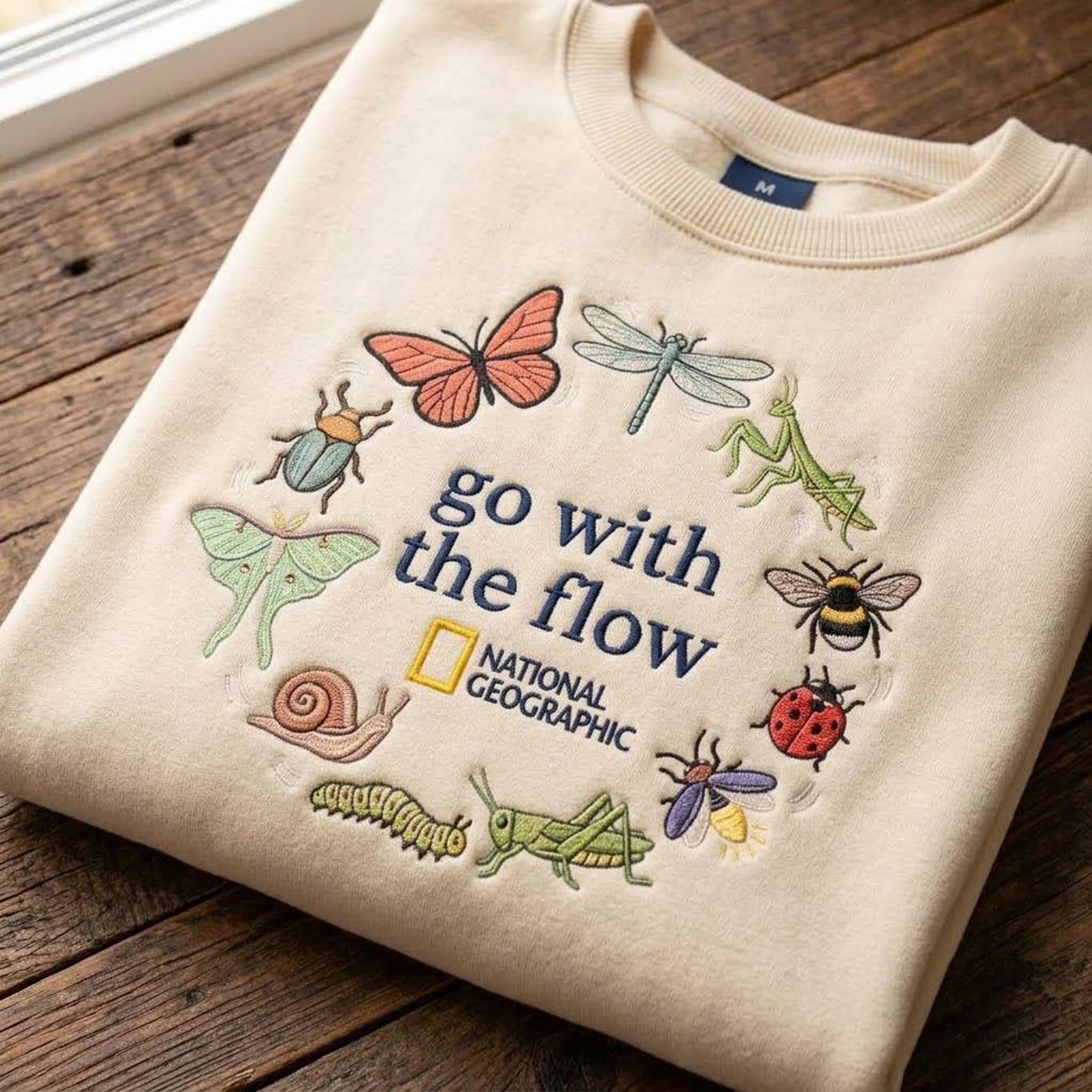 Go With The Flow Embroidered Sweatshirt, Insect Lover Crewneck, Butterfly Dragonfly Bug Shirt, Nature Lover Entomology Gift 1